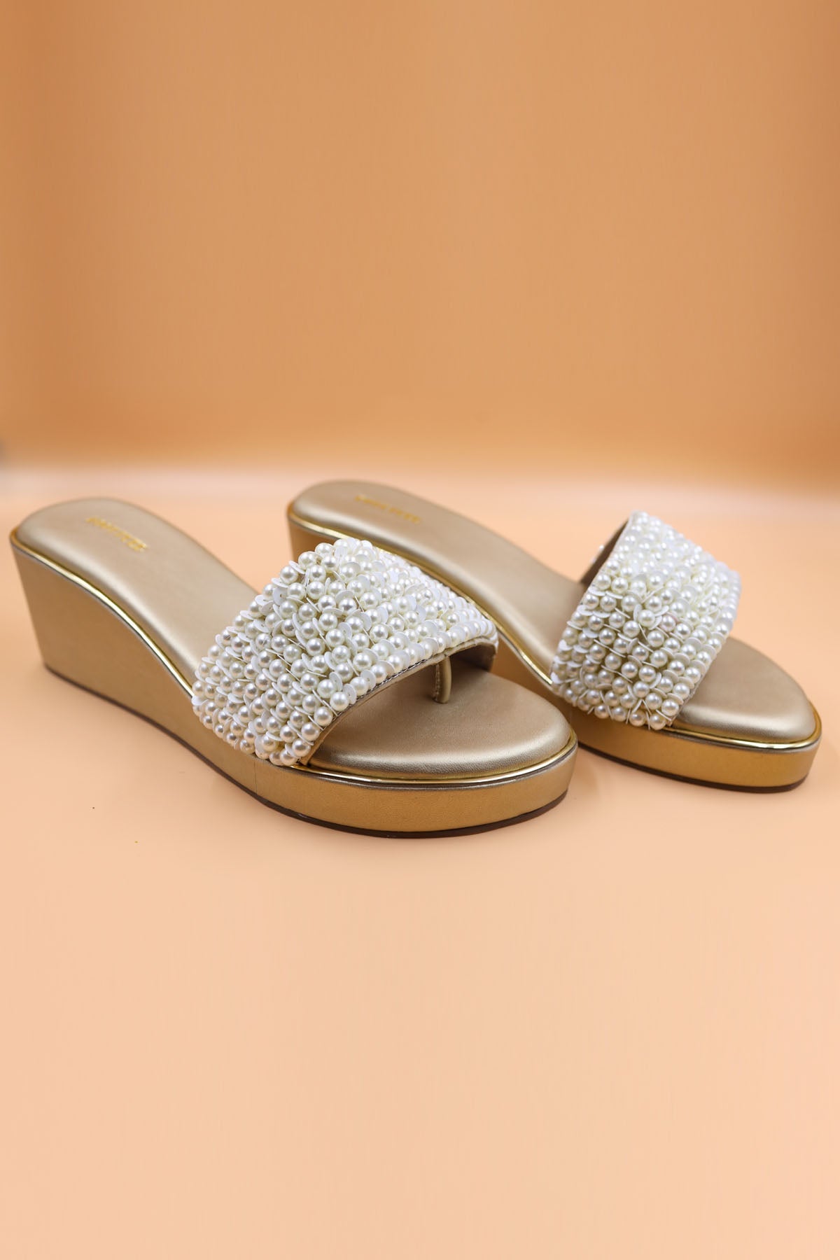 Foot Fuel Gold Rexine Bead Zardosi Wedges for accessories online at ScrollnShops