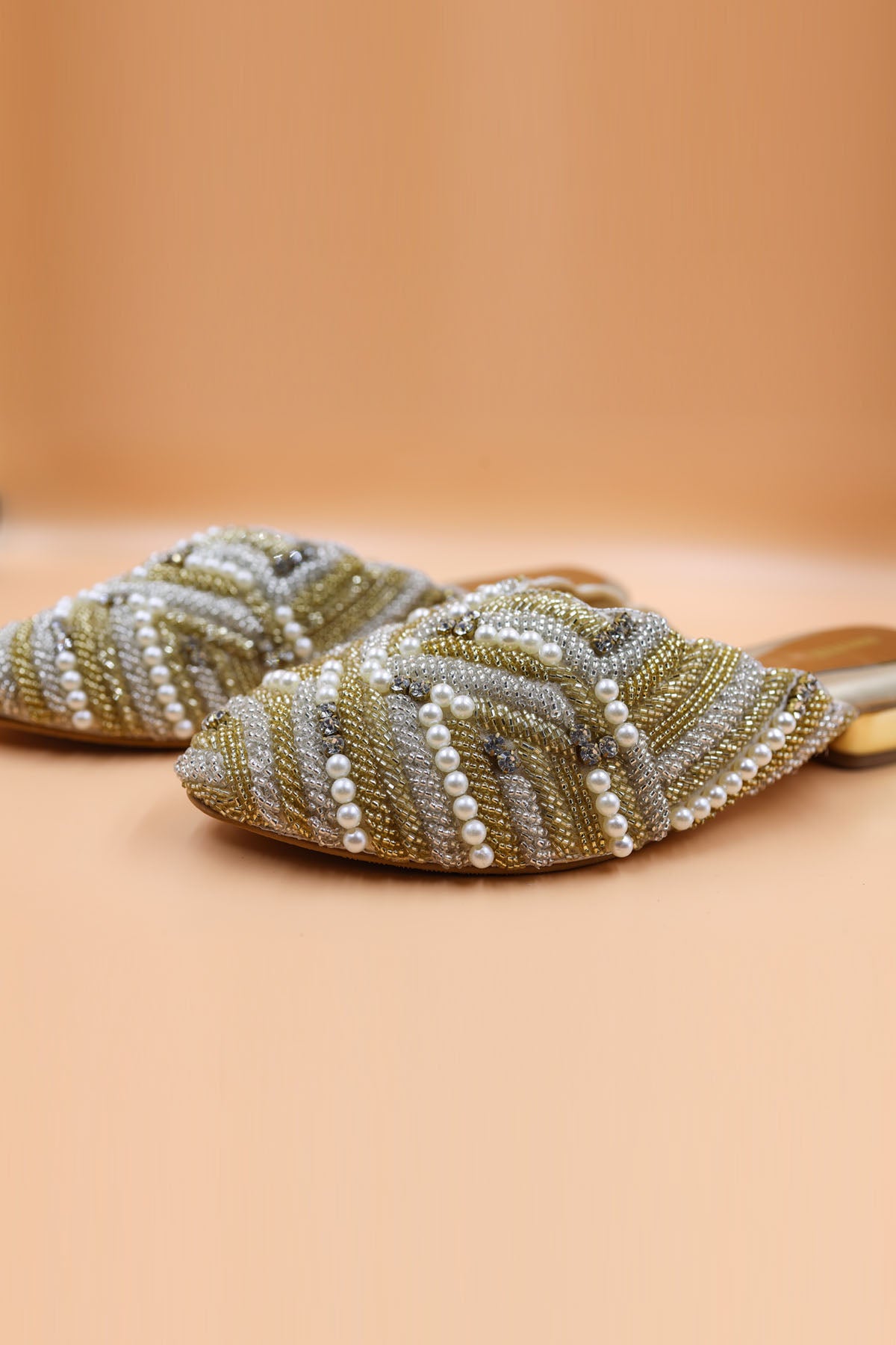 Gold Rexine Crystal Work Mules