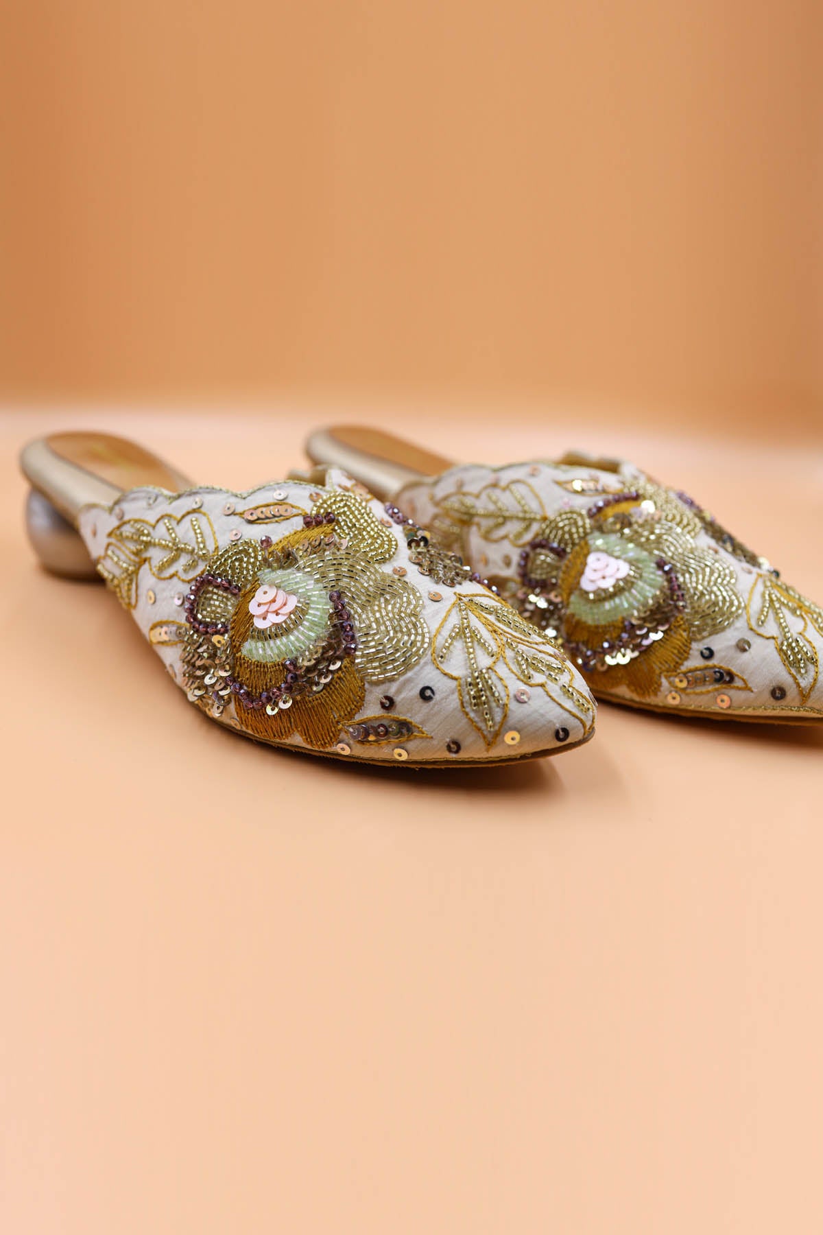 Gold Rexine Zardosi Work Mules