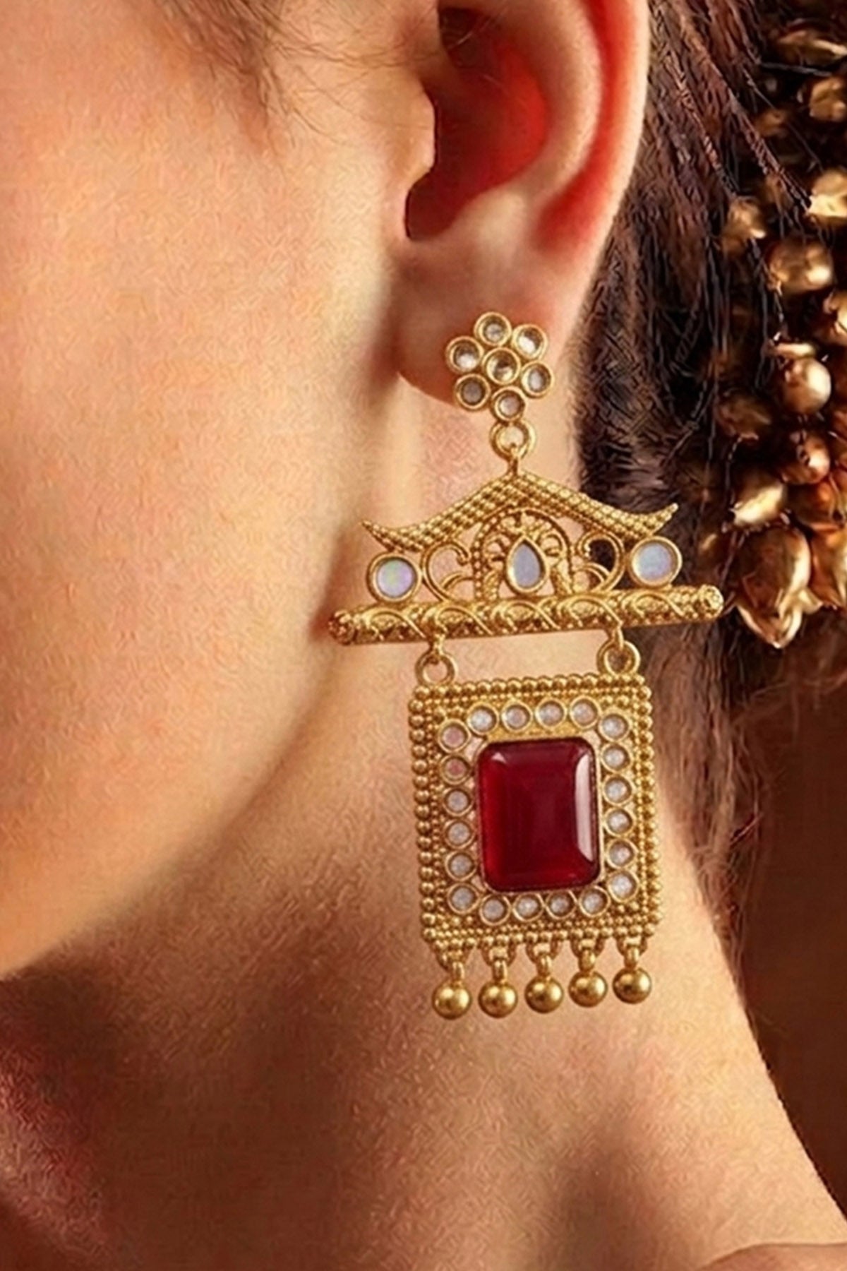 Buy Gold Ruby Toned Dangler Earring for women by Inko & Co online available at scrollnshops