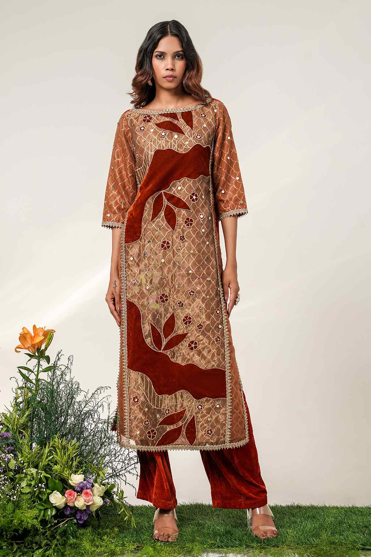 Buy Gold & Rust Patchwork Kurta Set for women by Shwetanga online available at scrollnshops