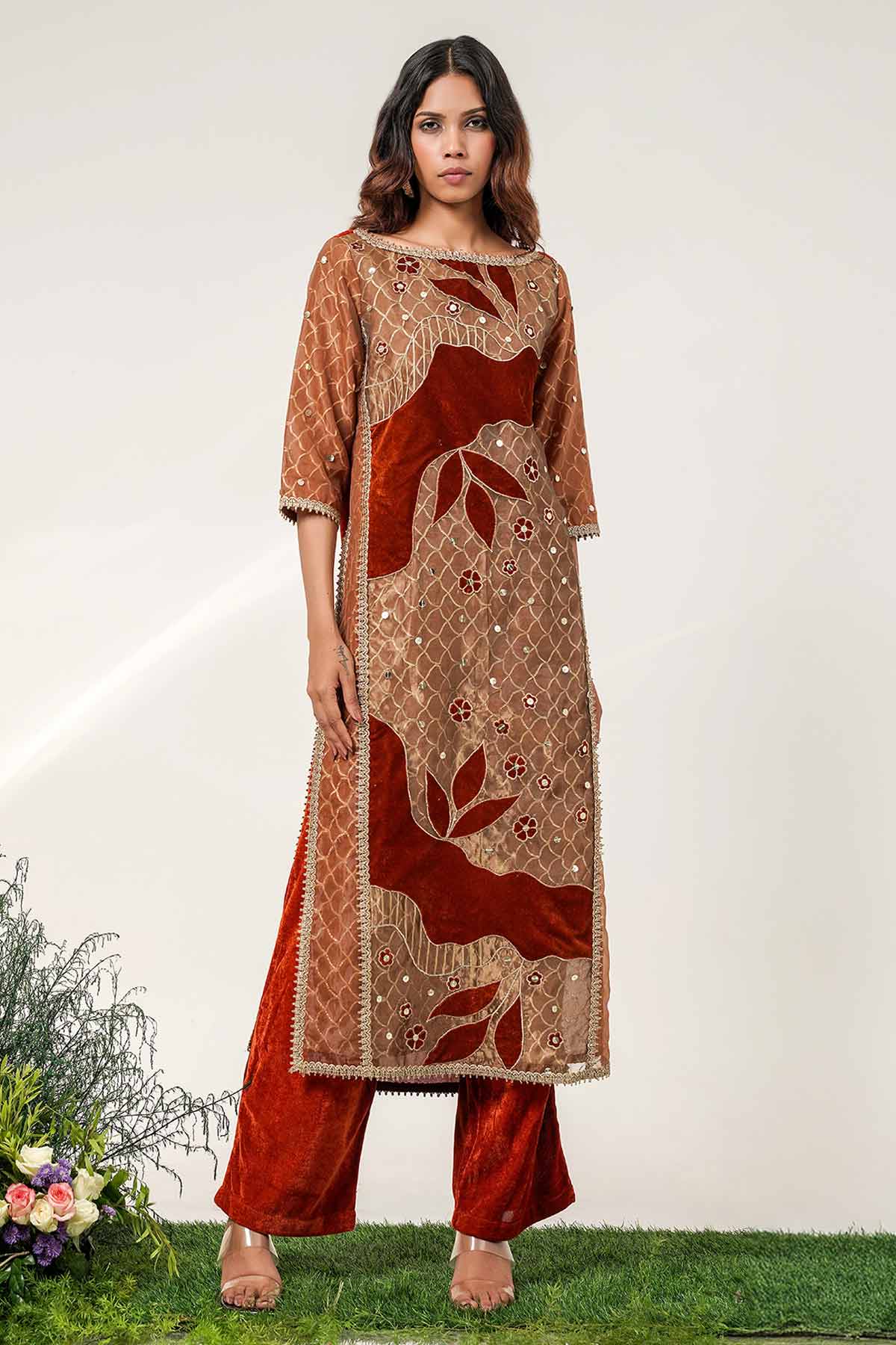 Gold & Rust Patchwork Kurta Set