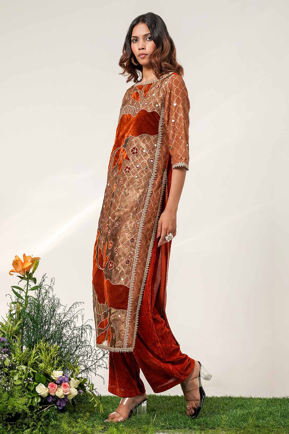 Gold & Rust Patchwork Kurta Set