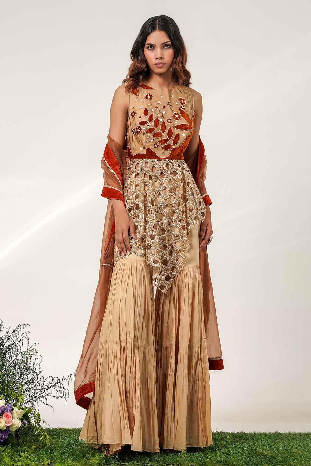 Buy Gold & Rust Peplum Sharara Set for women by Shwetanga online available at scrollnshops