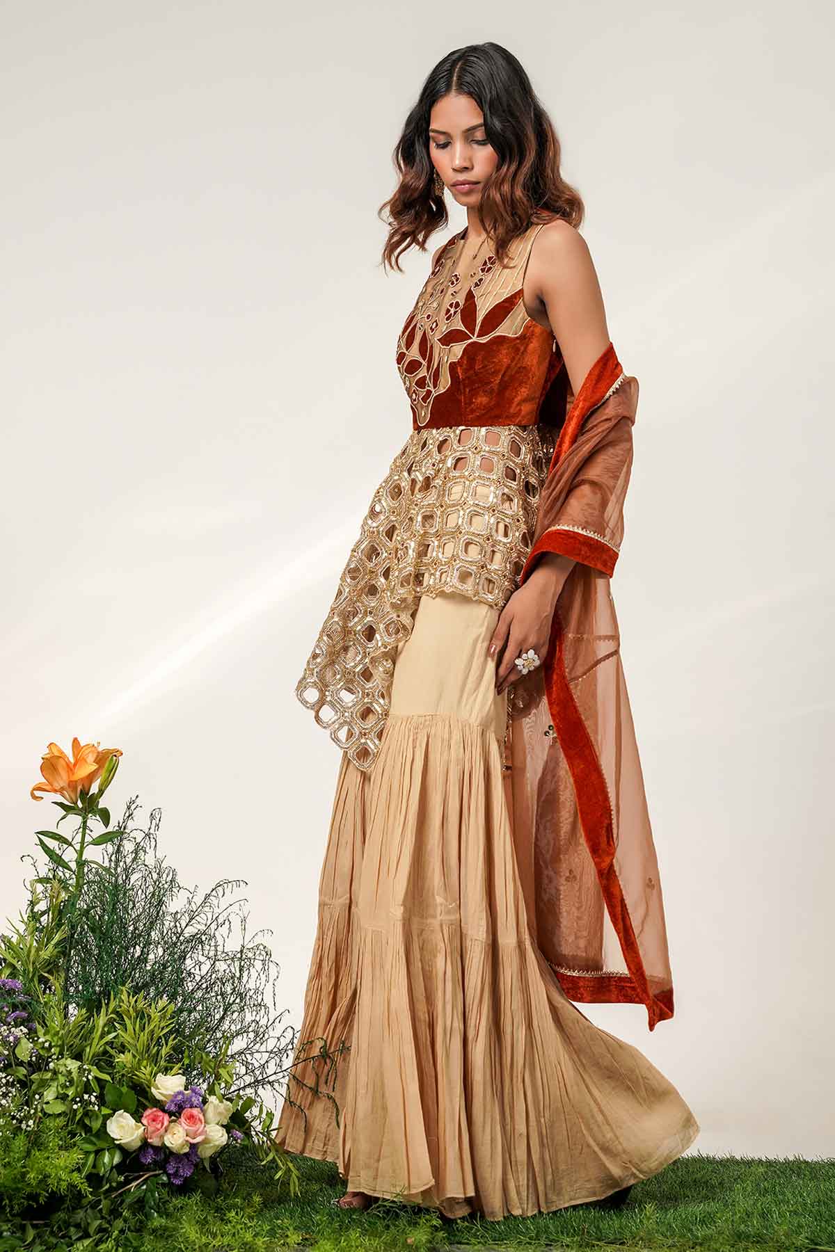 Gold & Rust Peplum Sharara Set