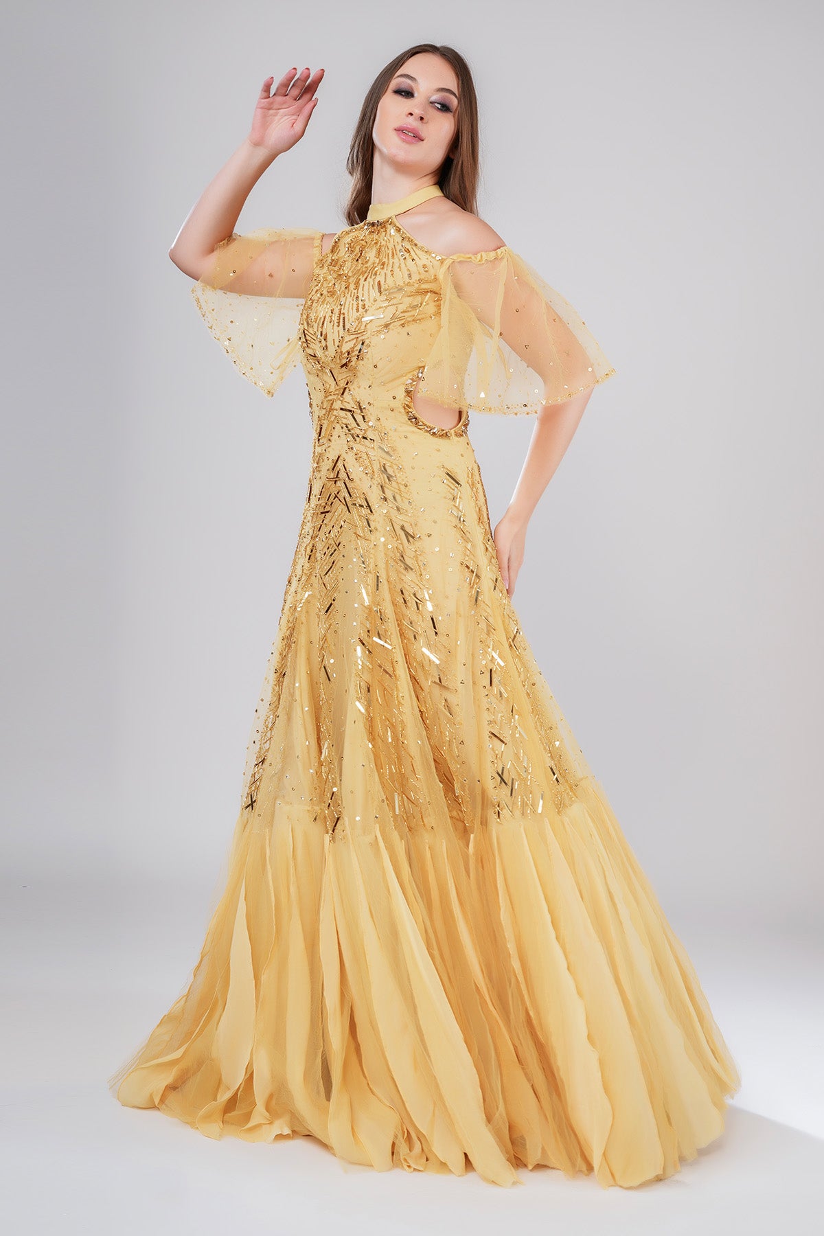 Gold Sequins Embellished Gown