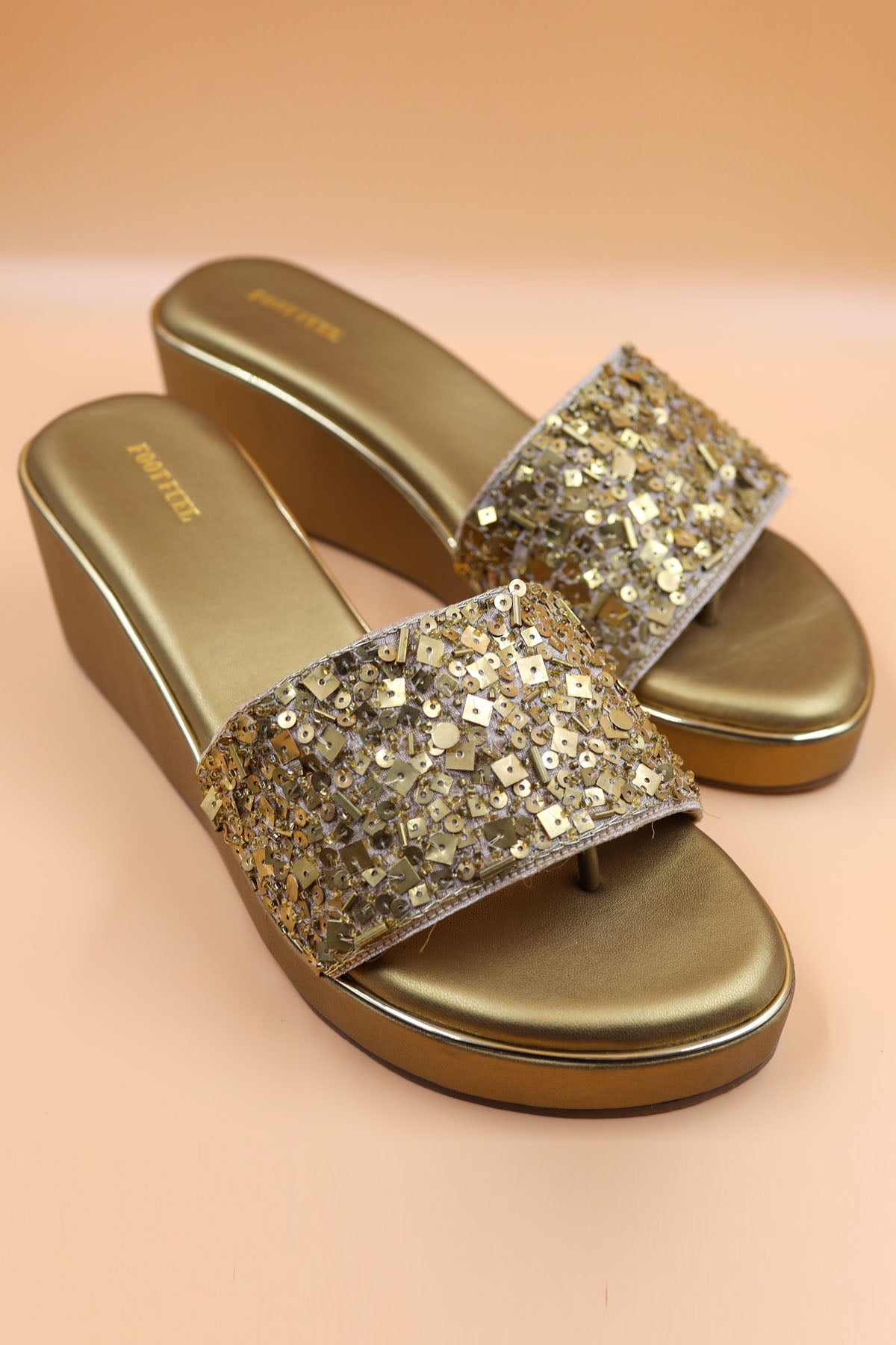 Foot Fuel Gold Sequins Embroidered Wedges for accessories online at ScrollnShops