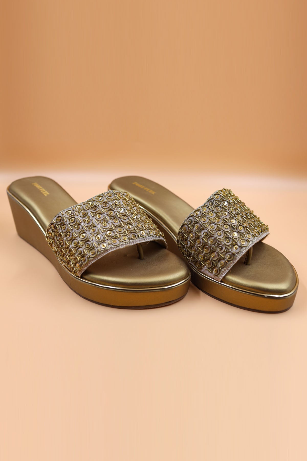 Foot Fuel Gold Sequins Foil Work Wedges for accessories online at ScrollnShops