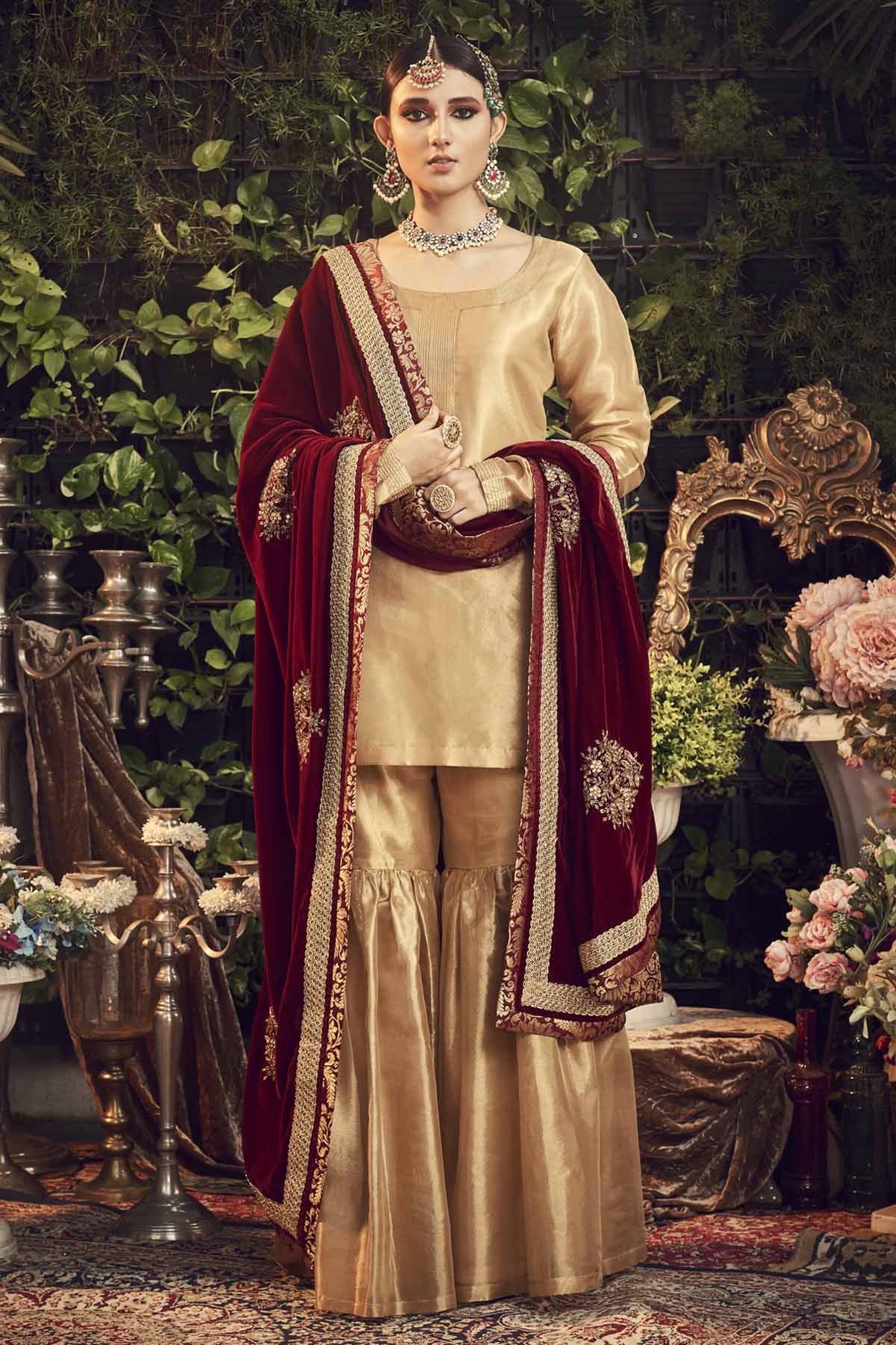 Designer Ranian Oxidised gold kurta set with silk tissue kurta, gharara pants and rosewood maroon silk velvet dupatta shawl with zardosi bootas all over For Women Online at ScrollnShops