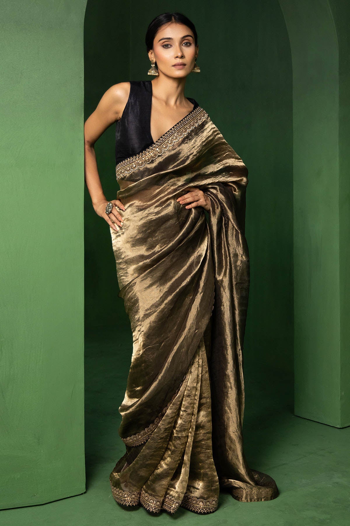 Buy Gold Silk Sequins Lace Saree for women by Ekagani Designer online available at scrollnshops