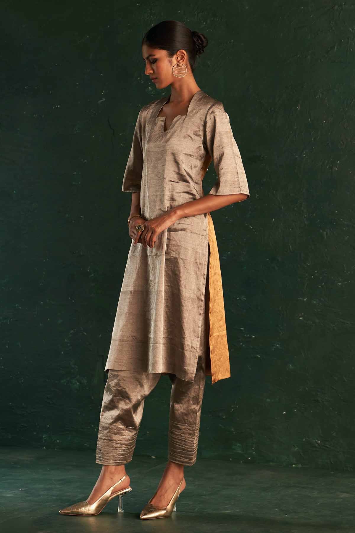 Gold Silk Tissue Dori Kurta Set