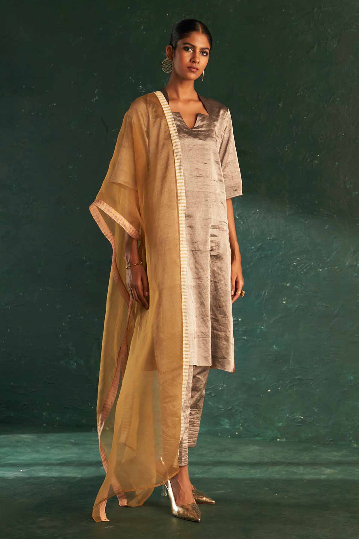 Buy Gold Silk Tissue Dori Kurta Set Online