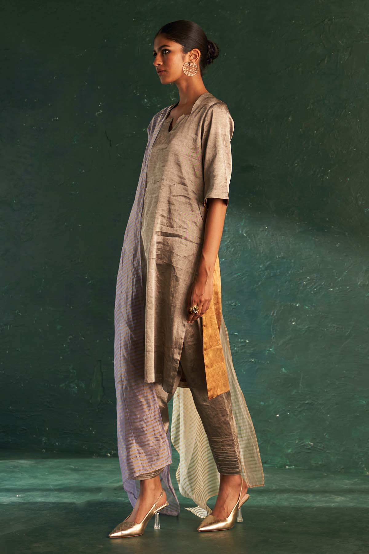 Gold Silk Tissue Dori Kurta Set