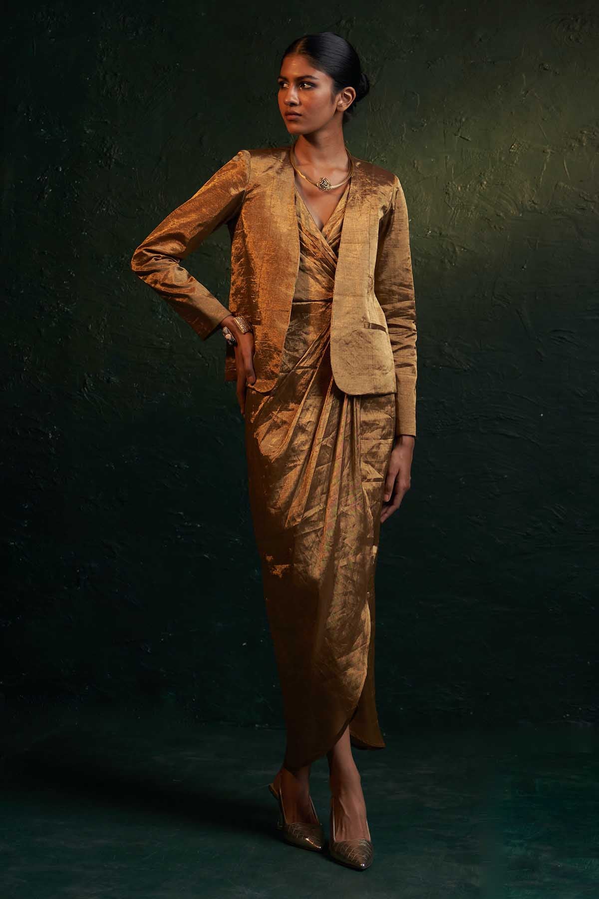 Buy Gold Silk Tissue Dress & Blazer Online