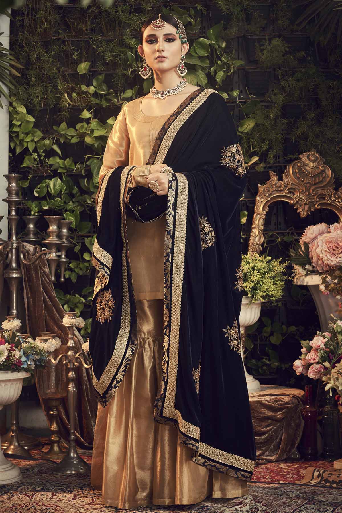 Designer Ranian Oxidised gold kurta set with silk tissue kurta, gharara pants and midnight blue silk velvet dupatta shawl with zardosi bootas all over For Women Online at ScrollnShops