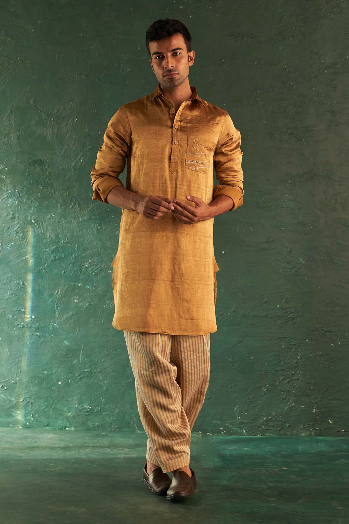 Buy Gold Silk Tissue Kurta & Salwar by Charkhee for men online at ScrollnShops