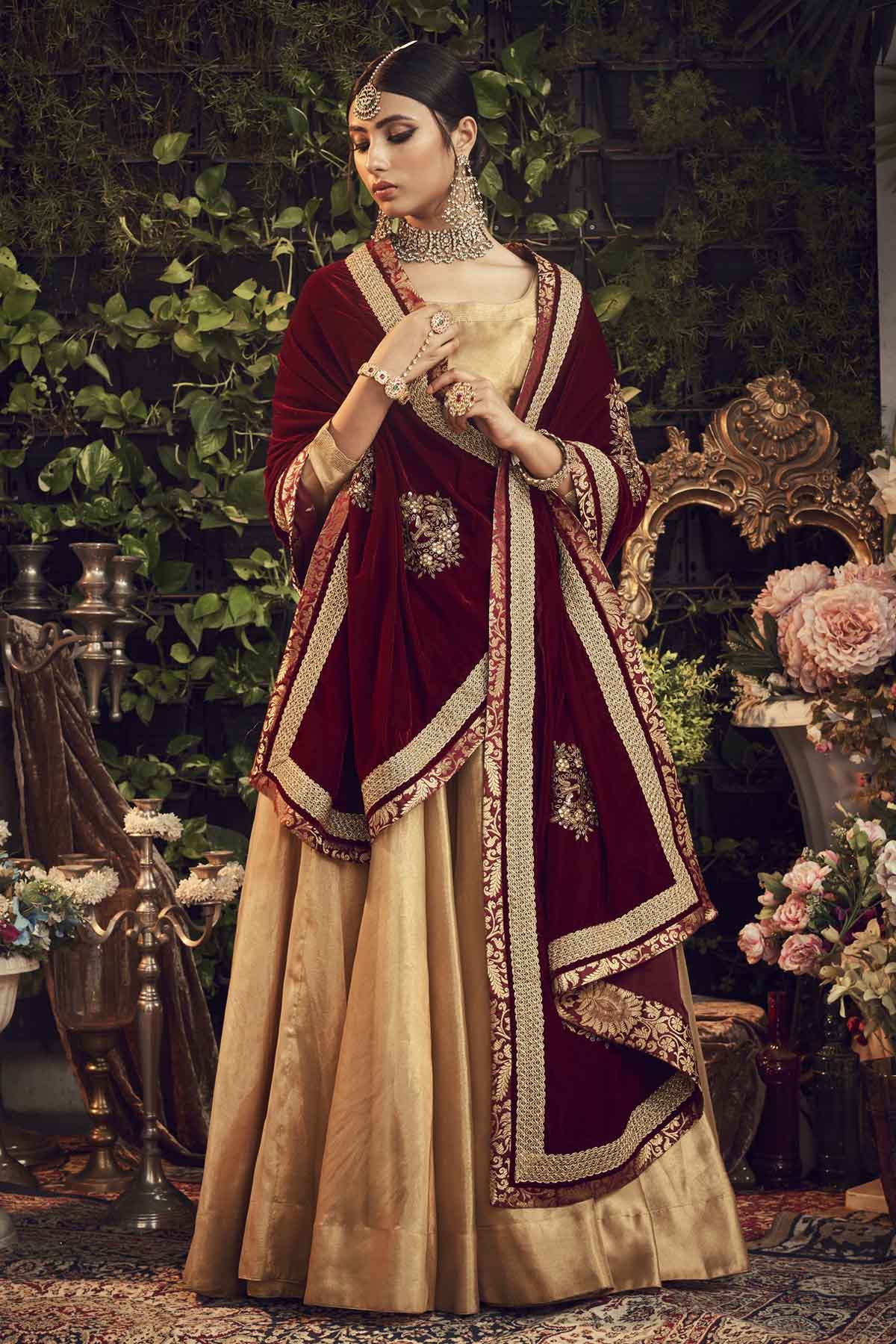 Designer Ranian Oxidised gold lehenga set with silk tissue lehenga, blouse and rosewood maroon silk velvet dupatta shawl with zardosi bootas all over For Women Online at ScrollnShops