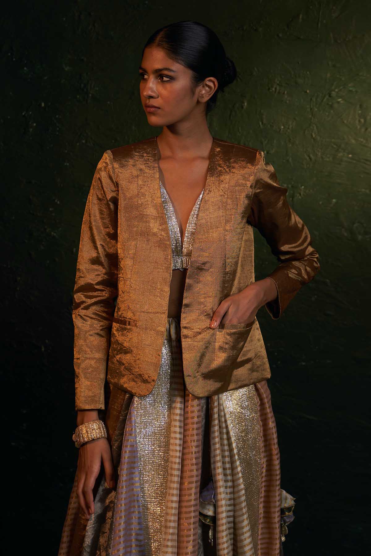 Buy Gold Silk Tissue Pocket Blazer Online