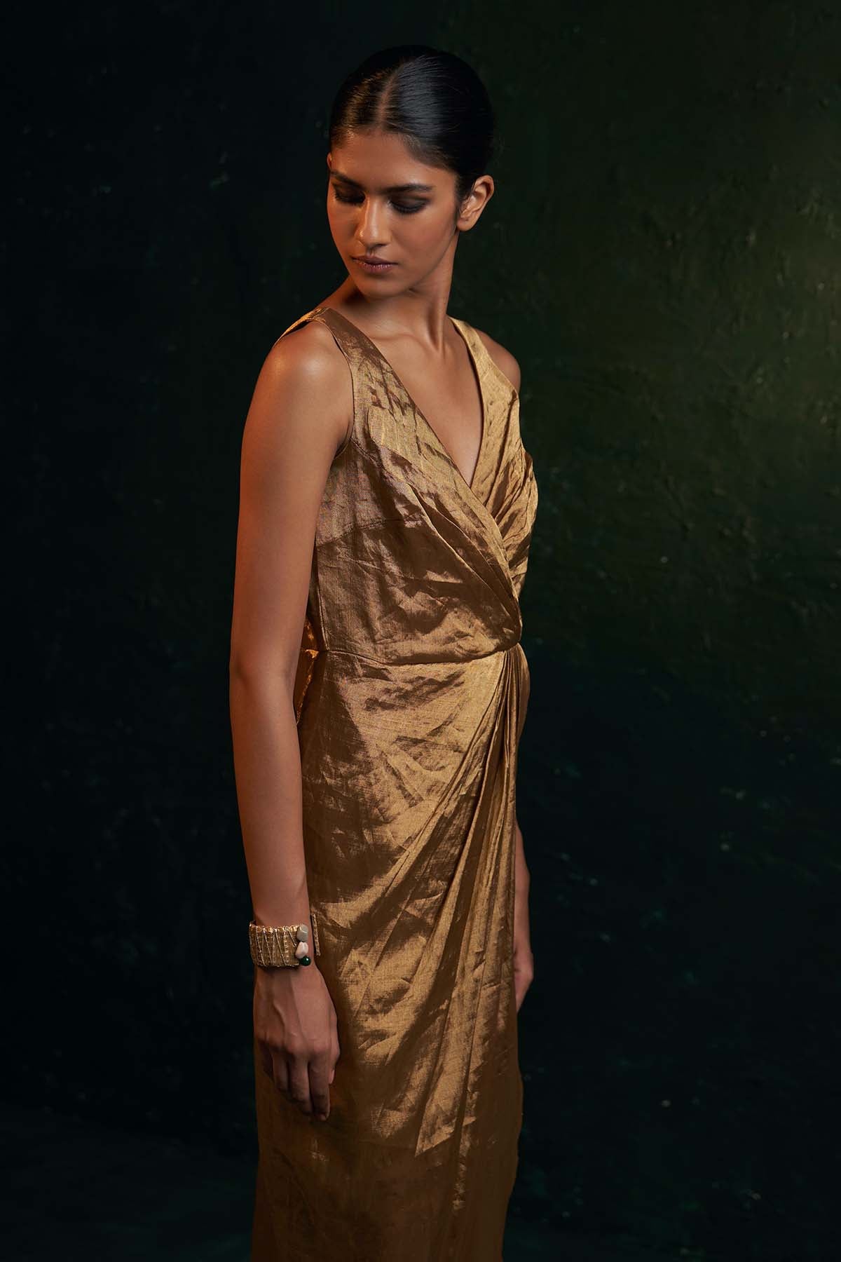 Gold Silk Tissue V-Neck Dress