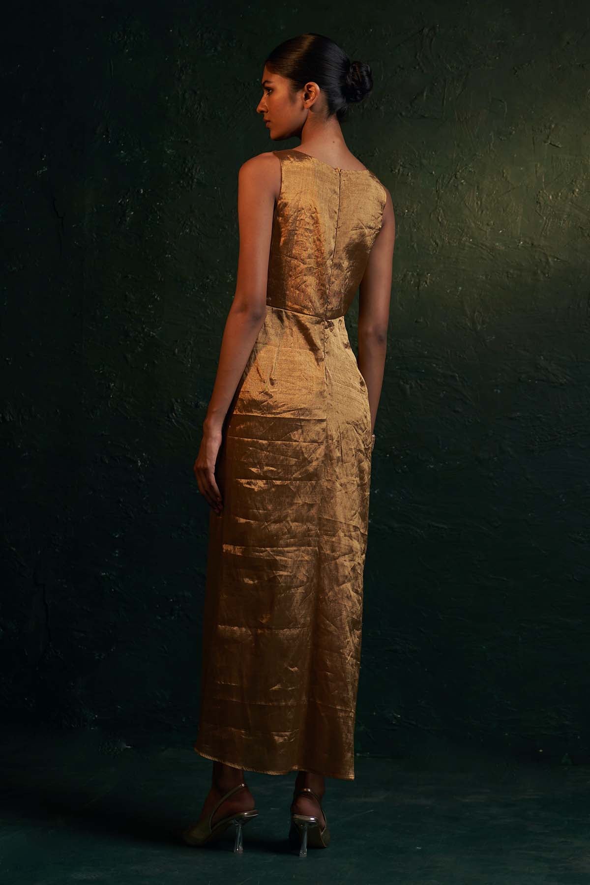 Gold Silk Tissue V-Neck Dress