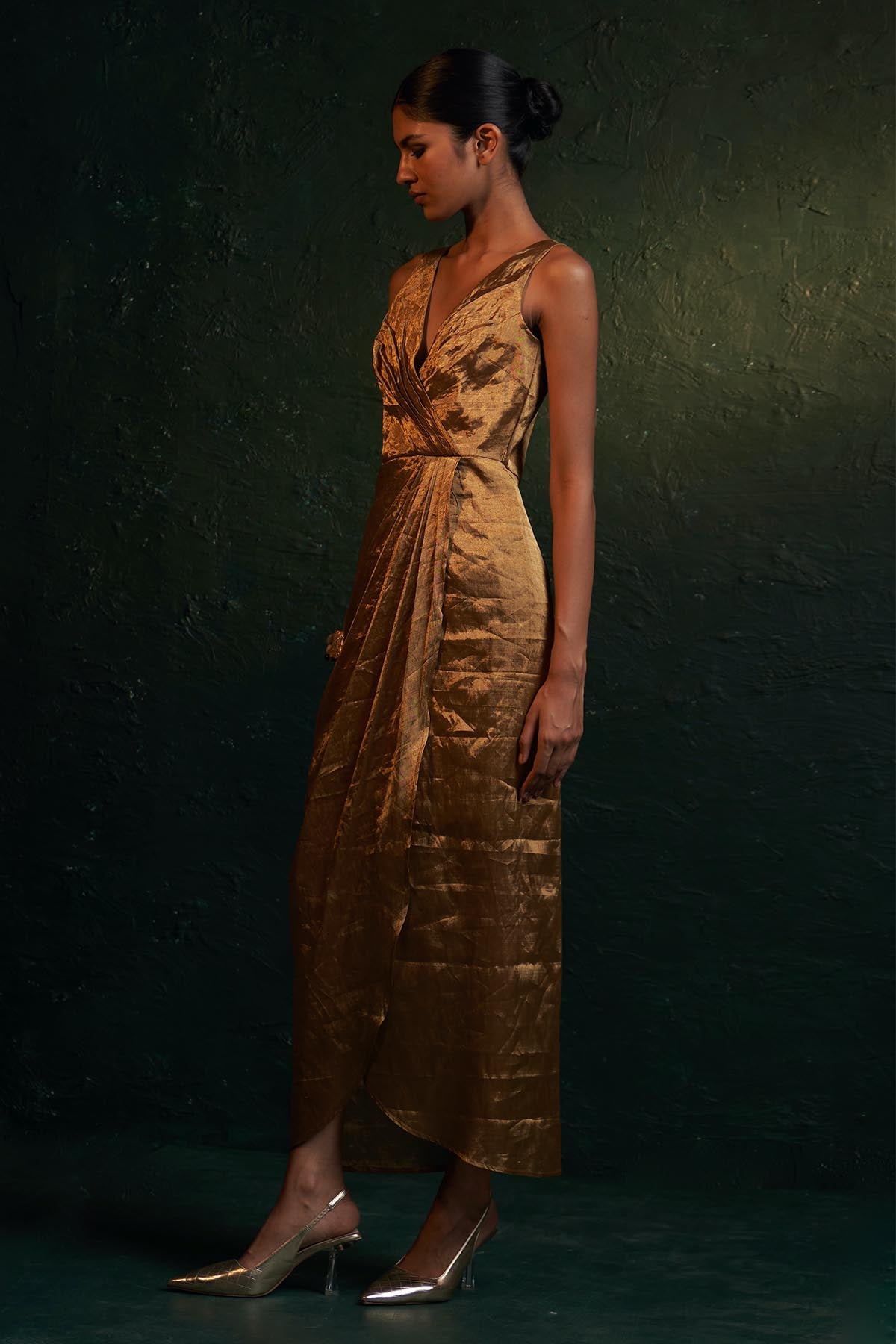 Gold Silk Tissue V-Neck Dress