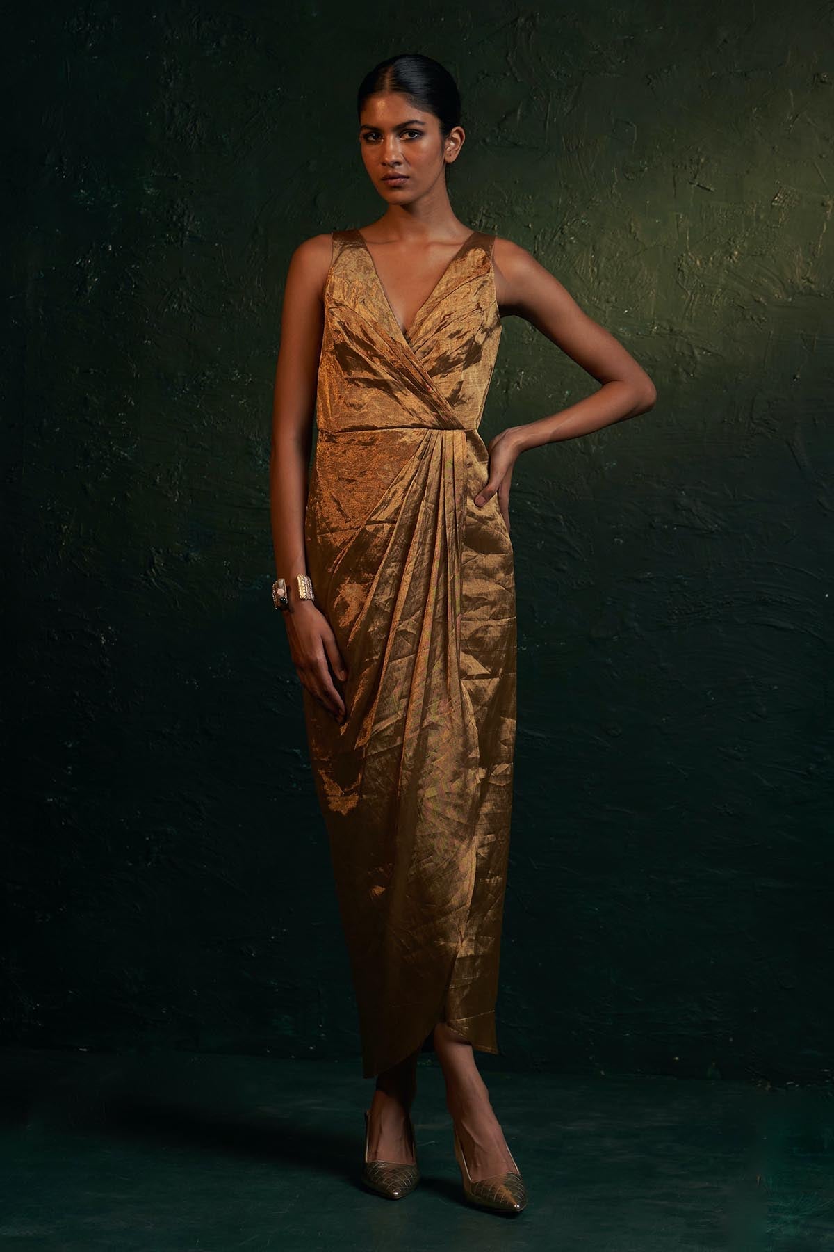 Buy Gold Silk Tissue V-Neck Dress Online