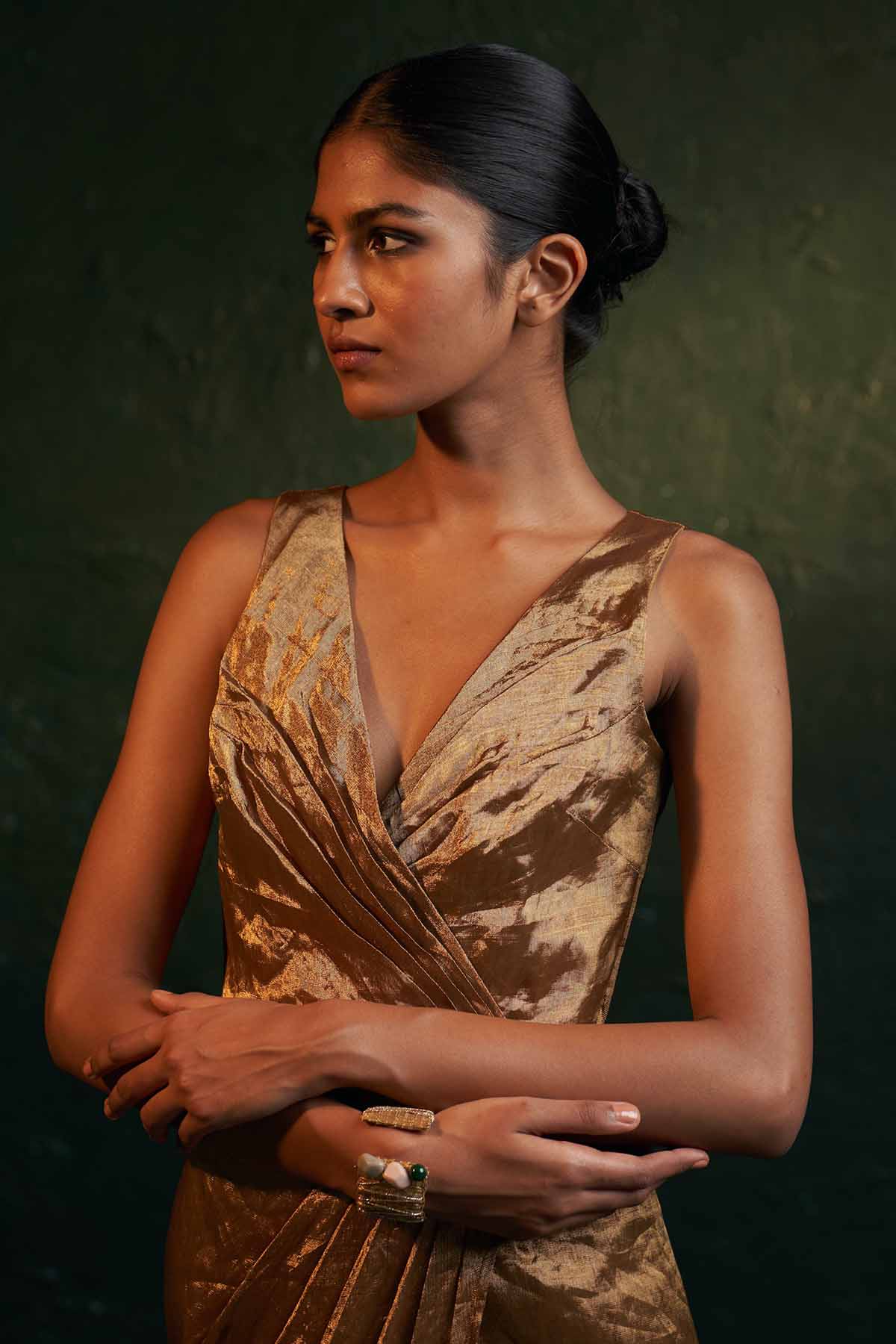 Gold Silk Tissue V-Neck Dress