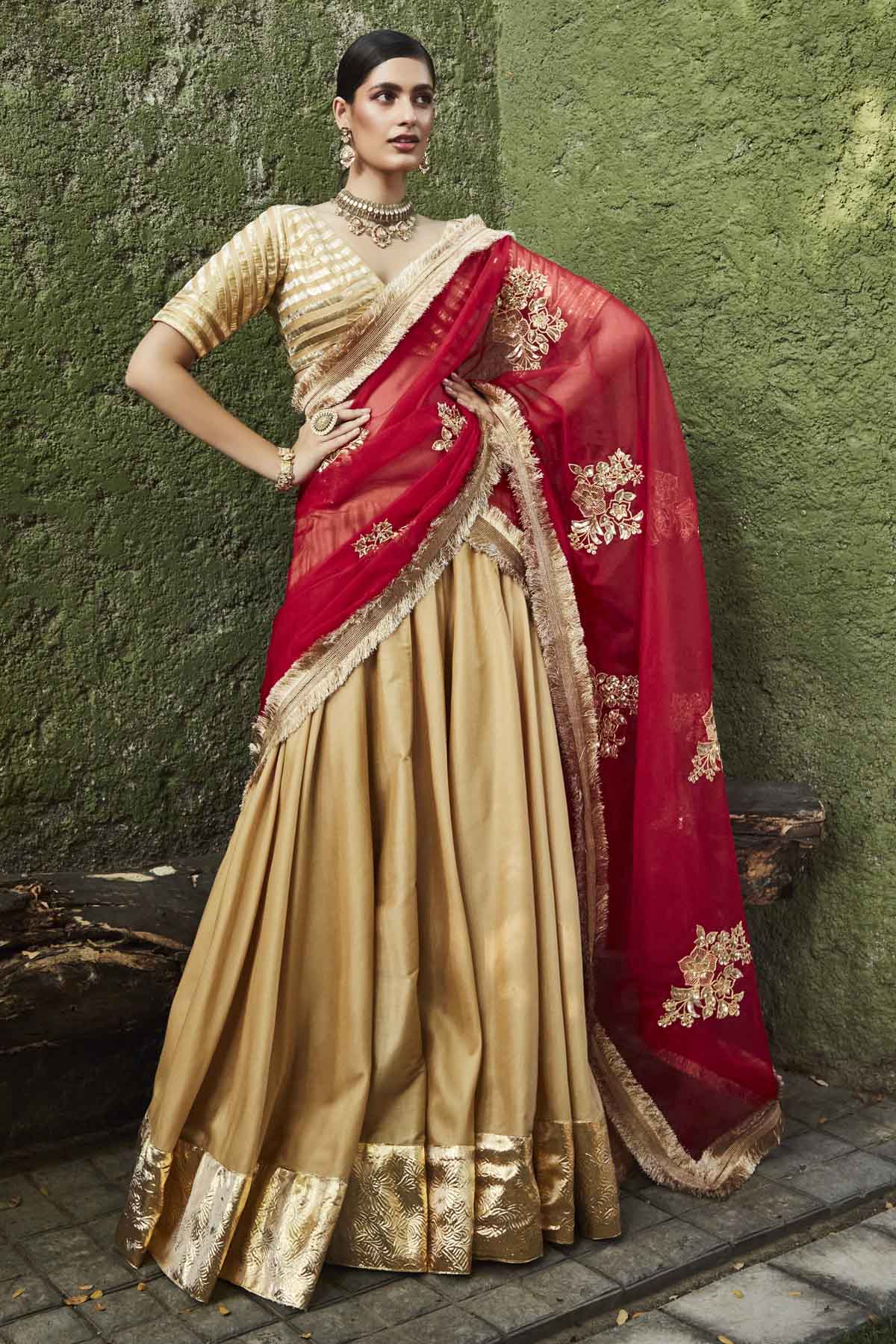 Designer Ranian Gold lehenga set with gota embroidered silk lehenga, blouse with a back hook and zip and red dupatta with zardosi zari boota all over For women Online at ScrollnShops