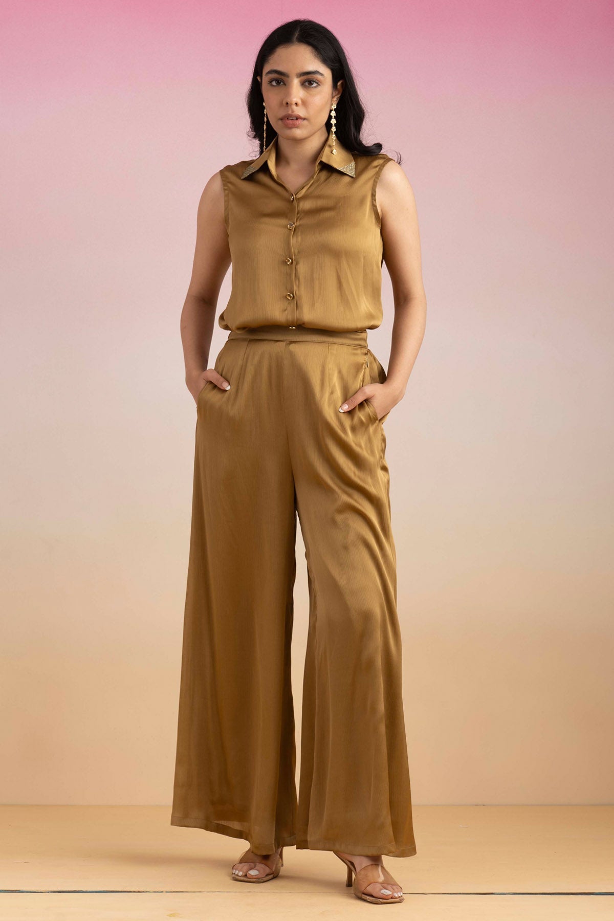 Buy Gold Sleeveless Shirt & Pants Online