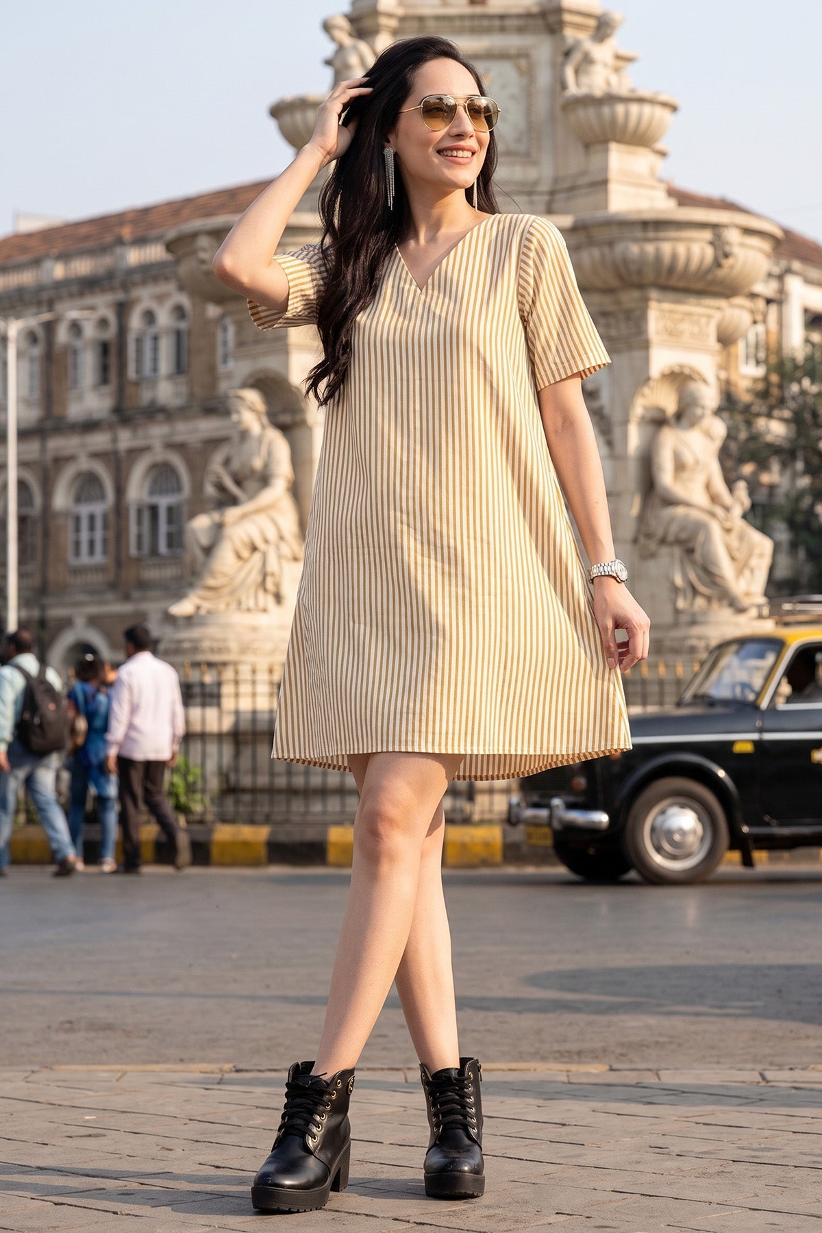 Buy Gold Stripes Cotton Mini Dress for women by Sneha B online available at scrollnshops