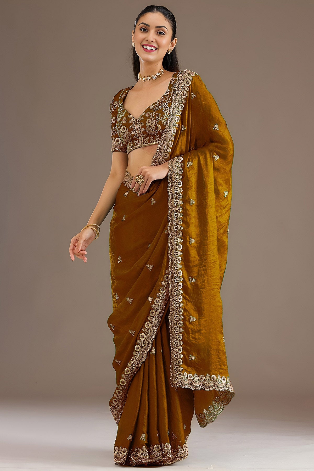 Buy Gold Tissue Dori & Zari Saree for women by Aastha Fashion online available at scrollnshops