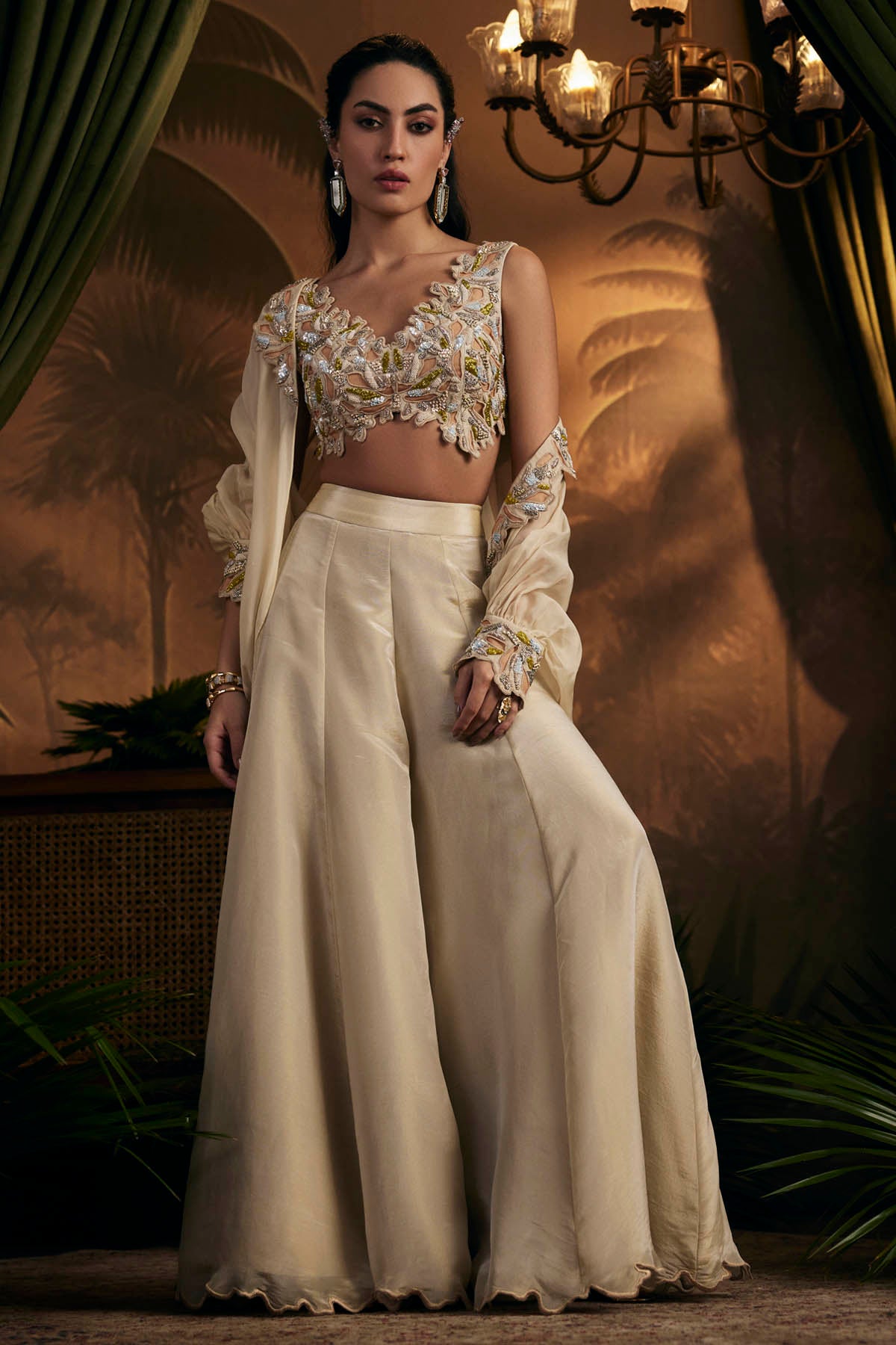 Buy Designer Gold Tissue Embroidered Cape Set Online