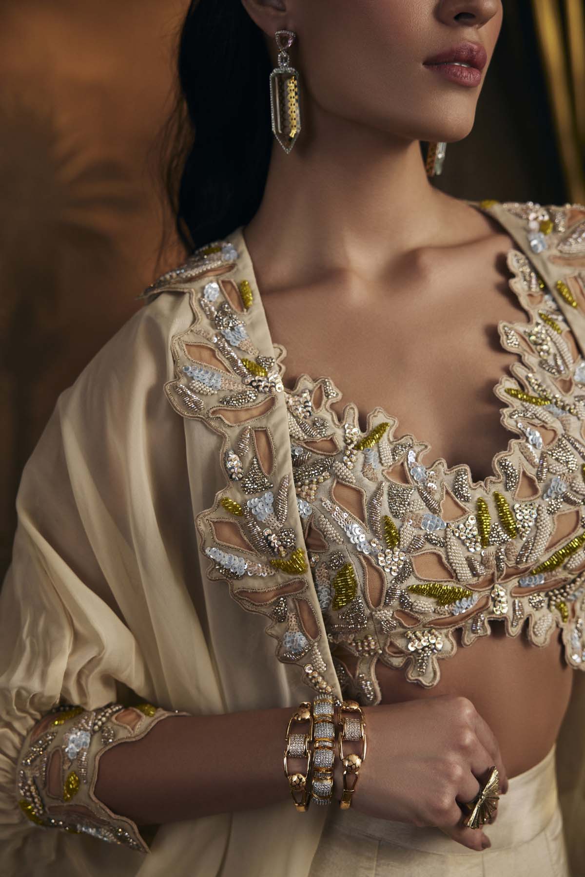 Gold Tissue Embroidered Cape Set