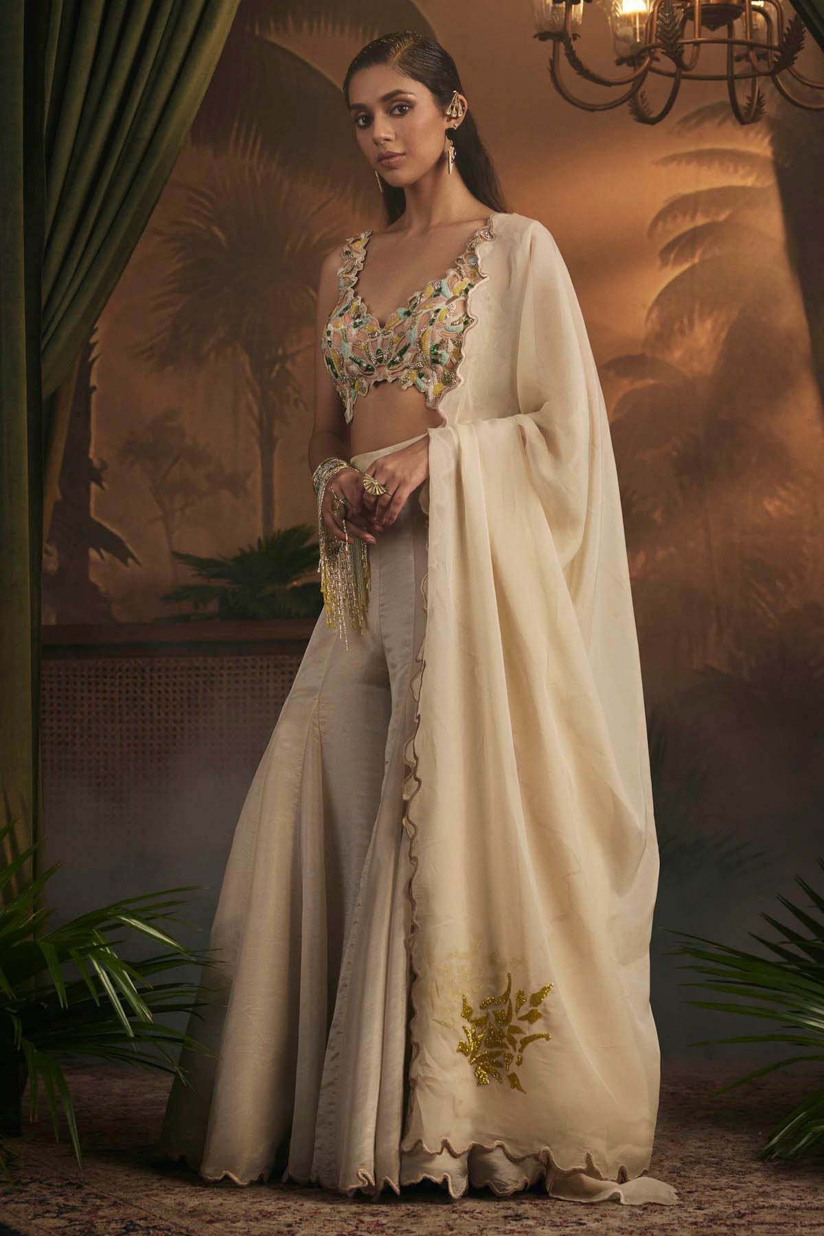 Buy Designer Gold Tissue Flared Sharara Set Online