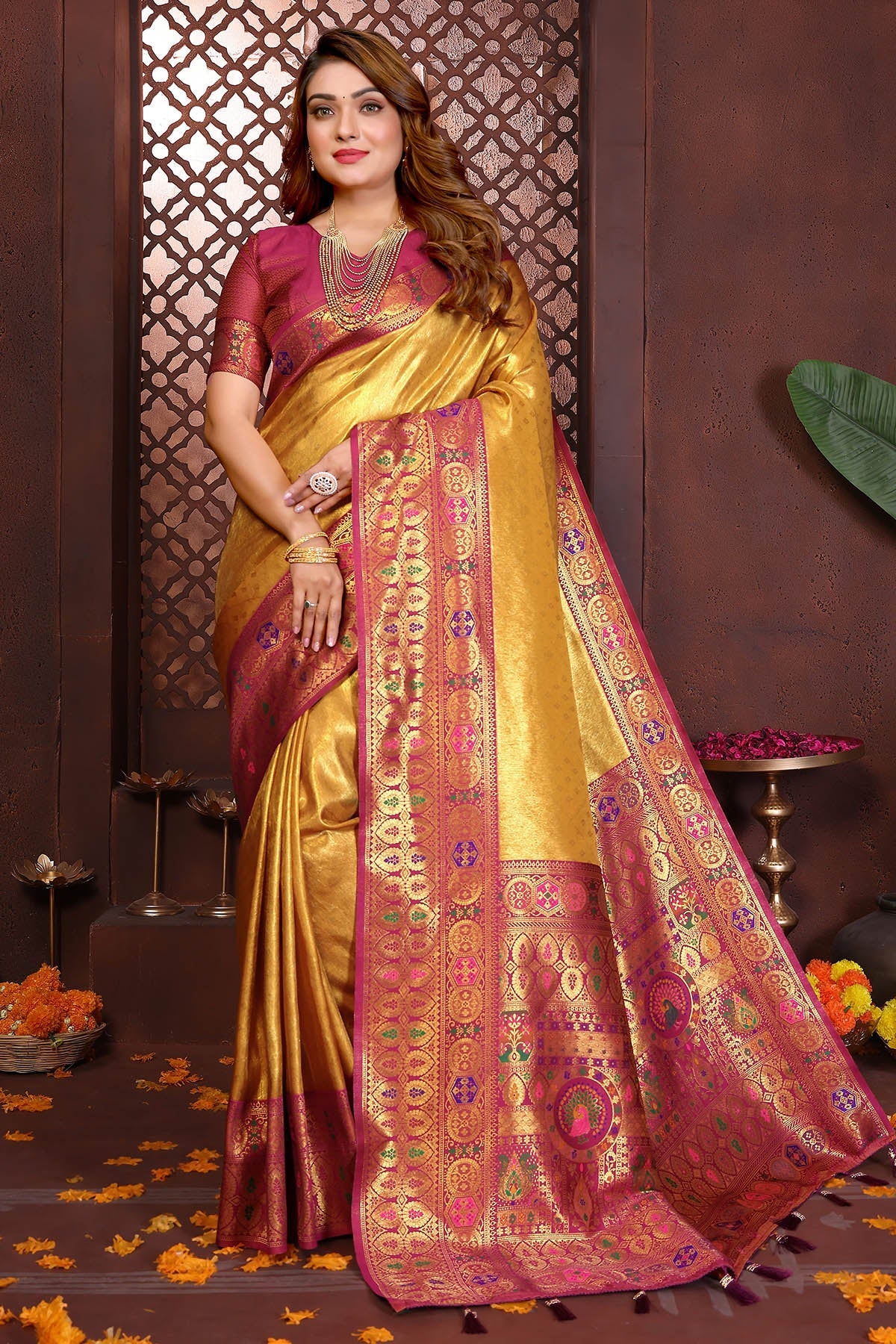 Buy Gold Tissue Silk Weaving Saree for women by Aastha Fashion online available at scrollnshops
