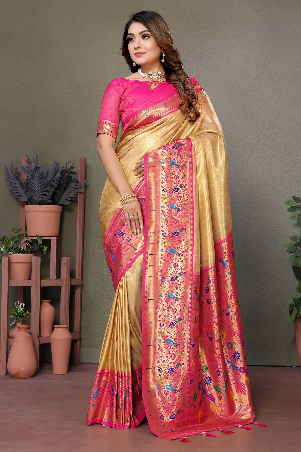 Buy Gold Tissue Woven Fancy Saree for women by Aastha Fashion online available at scrollnshops