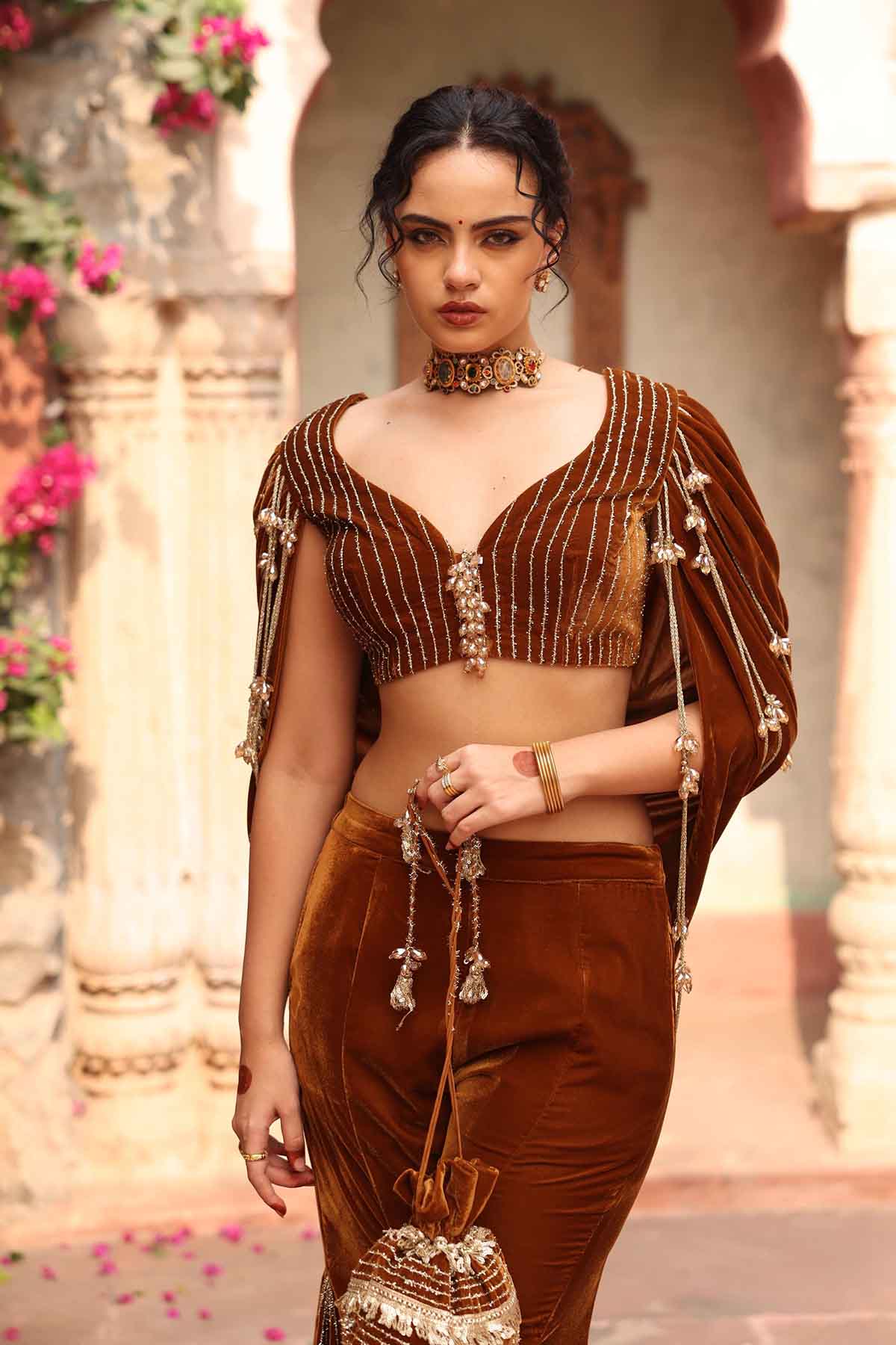 Gold Velvet Crystal Sharara Set