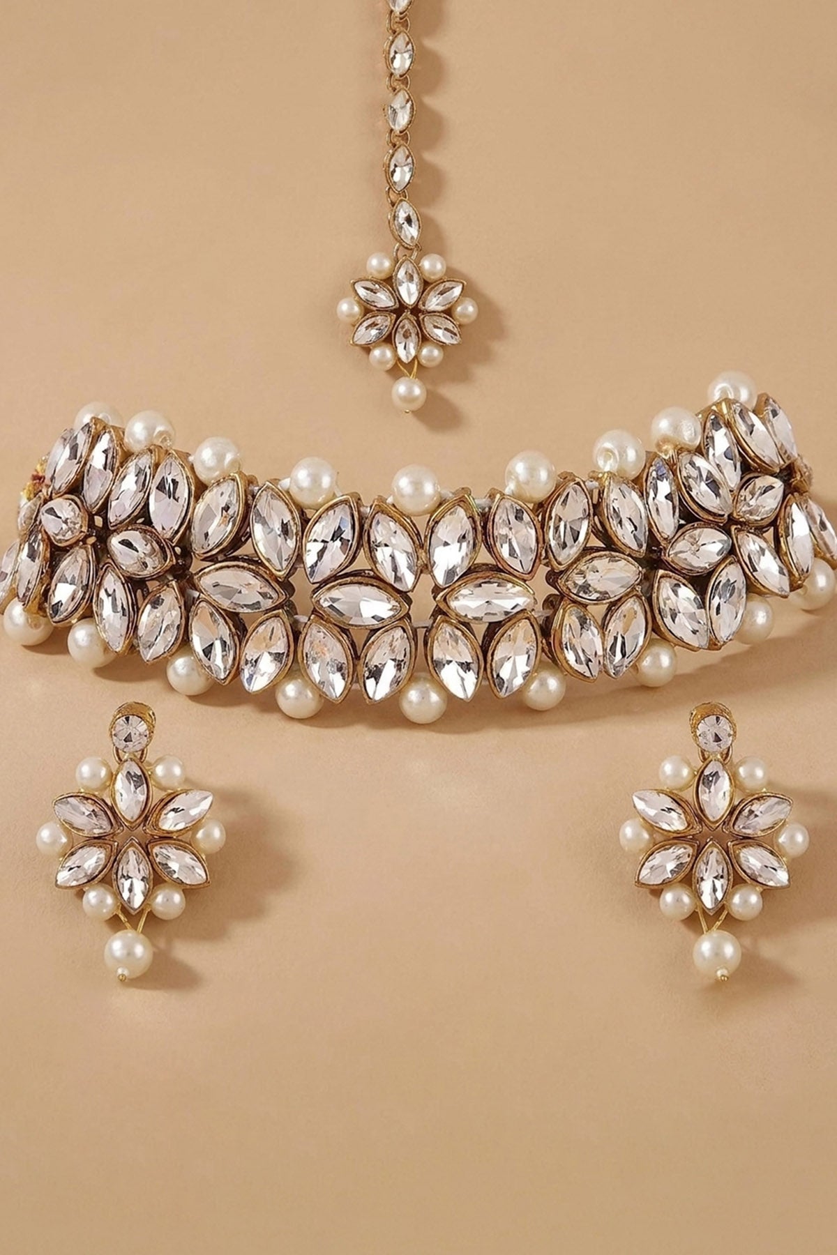 Gold White Pearl Jewellery Set