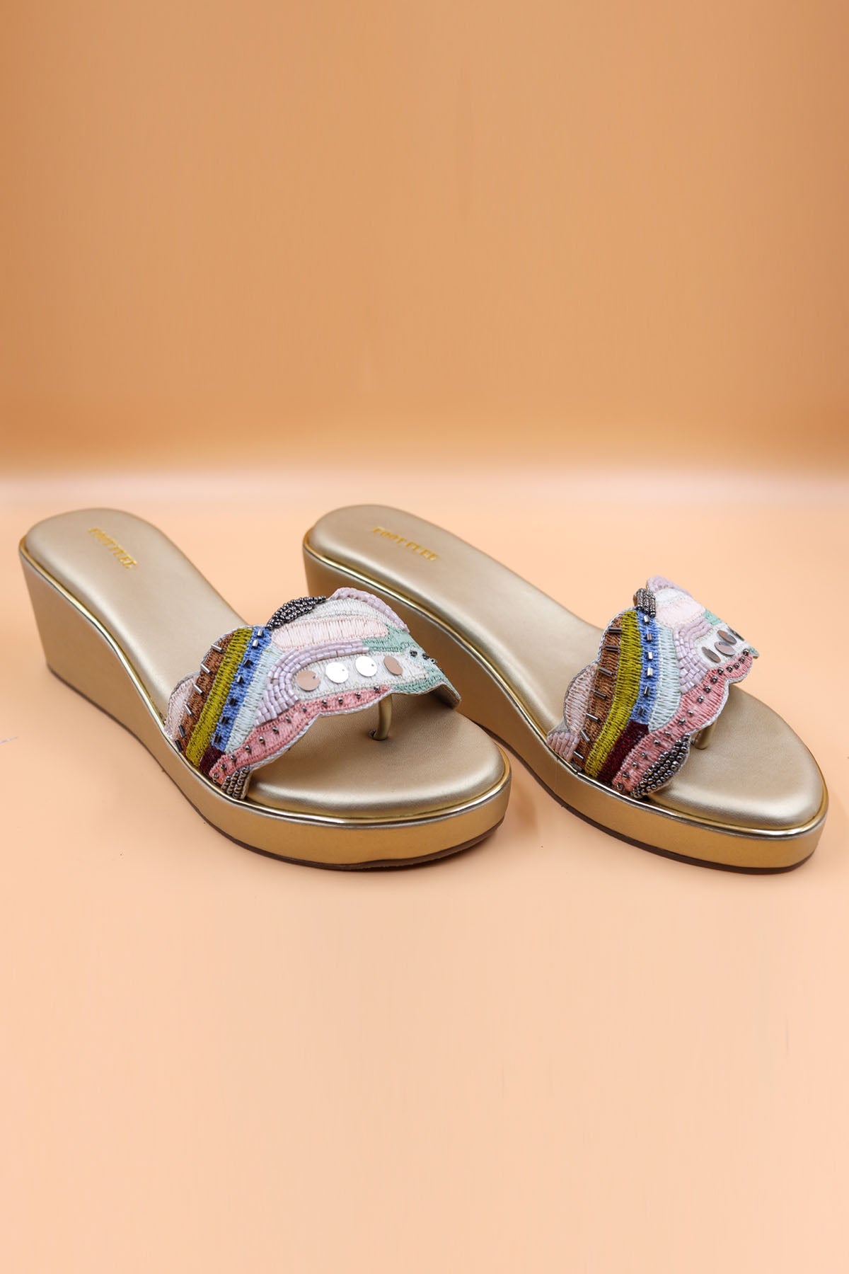 Foot Fuel Gold Zardosi Crystal Wedges for accessories online at ScrollnShops