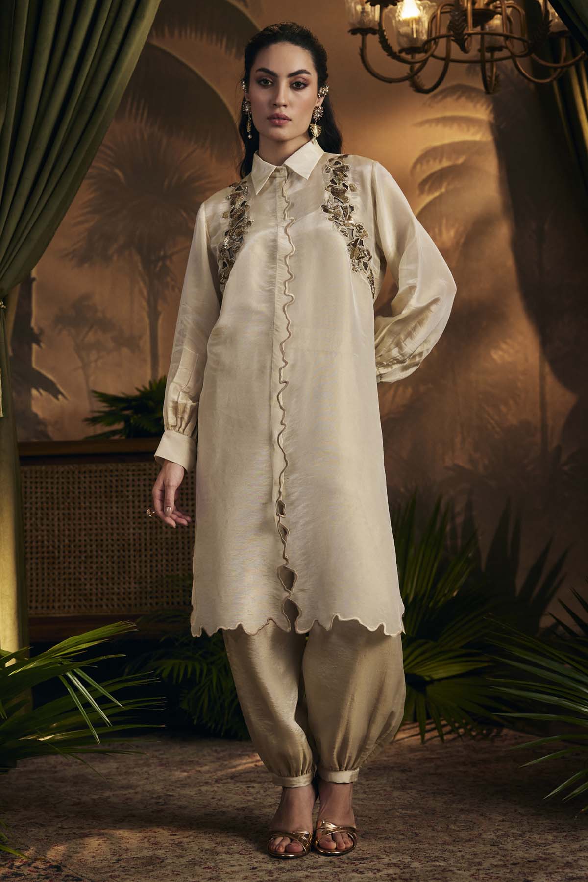 Buy Designer Gold Zari Embroidered Tunic Set Online