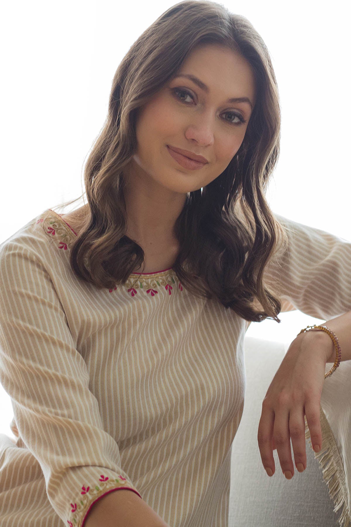 Golden Beige Stripe Kurta Set