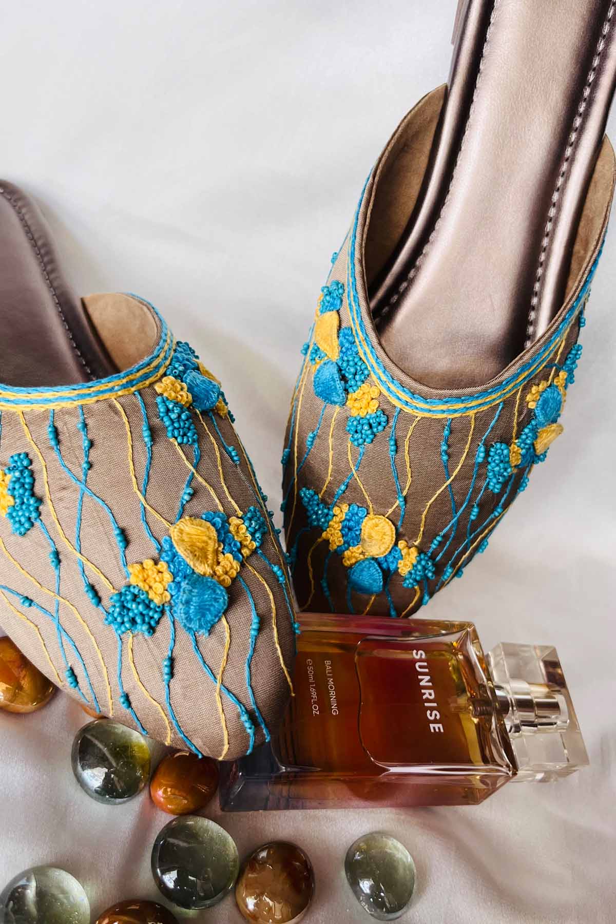 Golden Brown Embroidered Mules