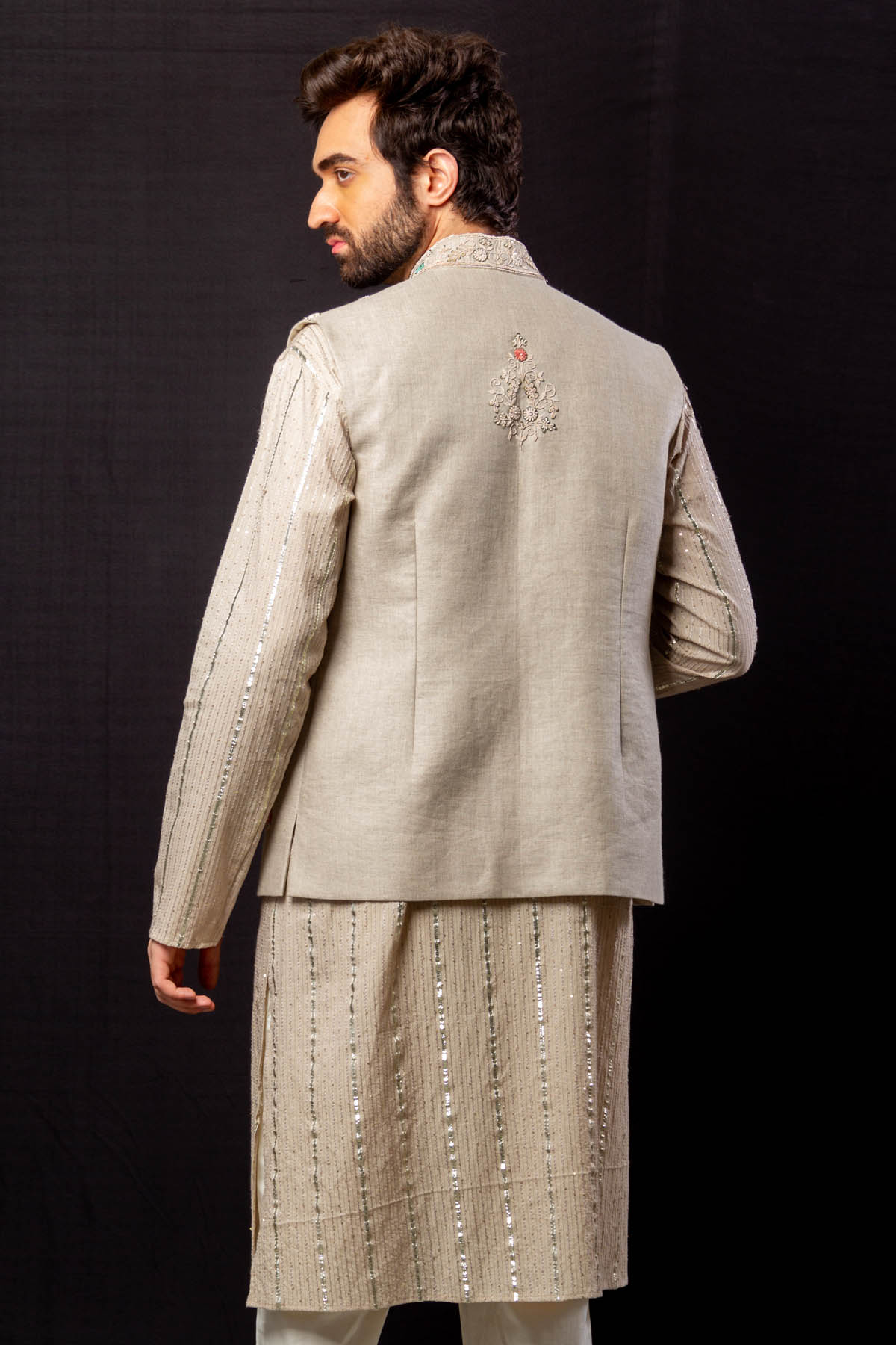 Beige Raw Silk Bundi Set