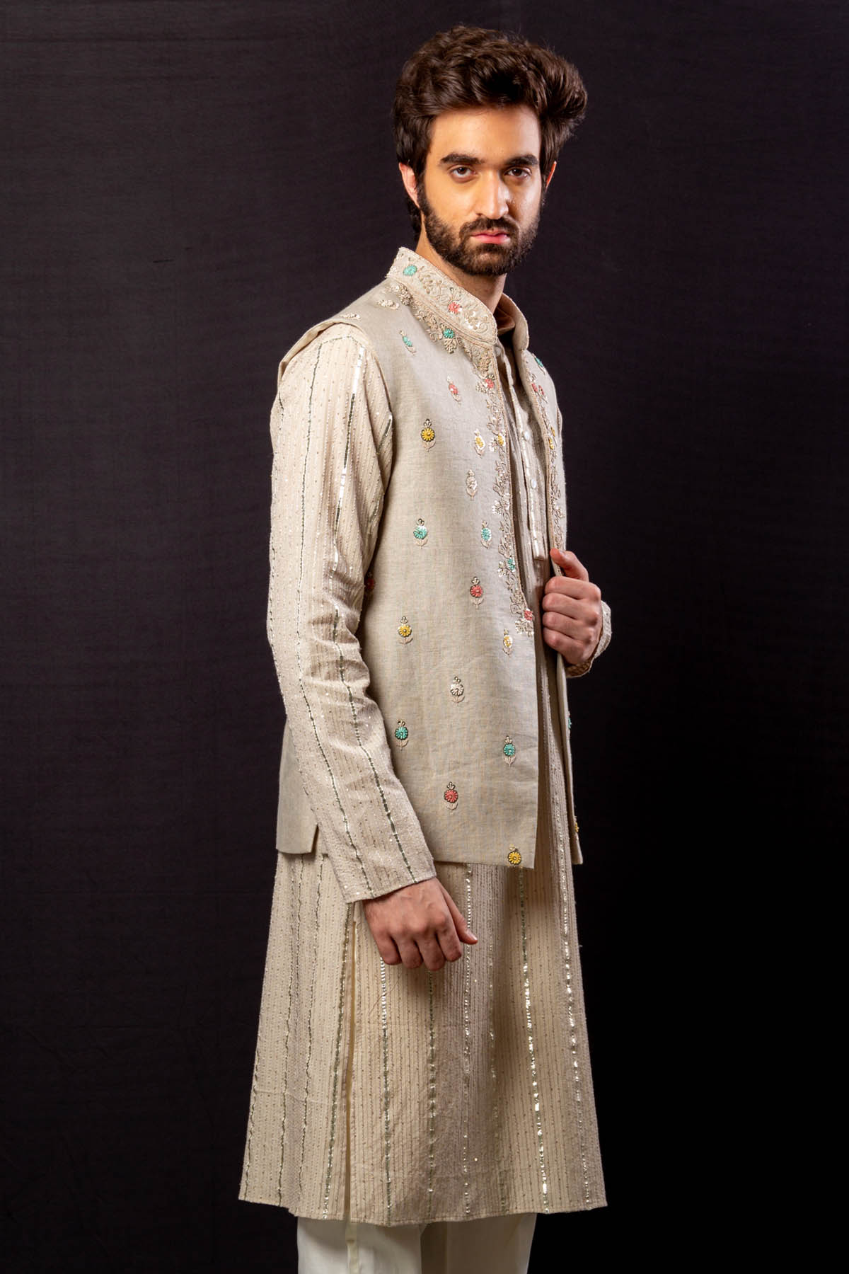 Beige Raw Silk Bundi Set