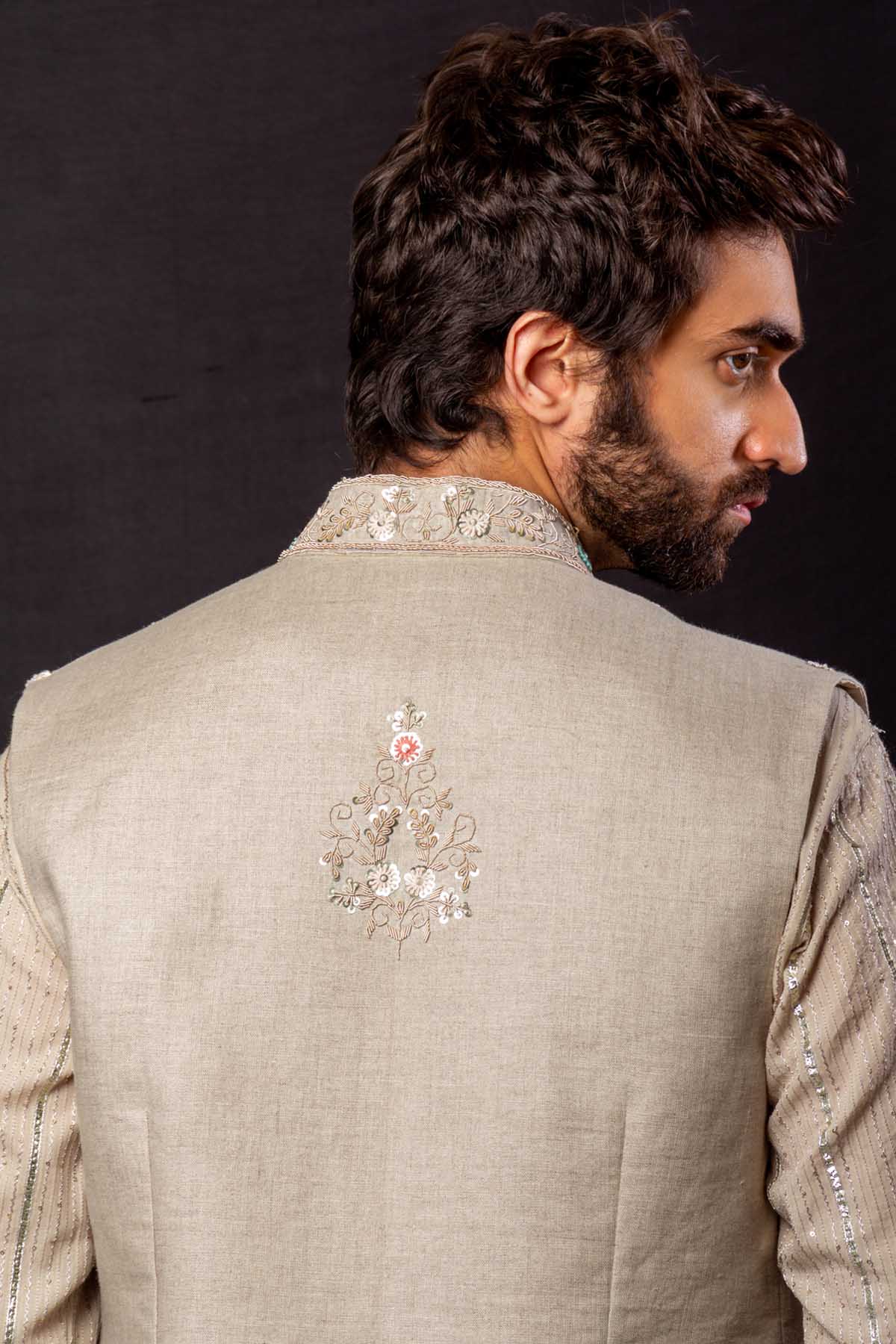 Beige Raw Silk Bundi Set