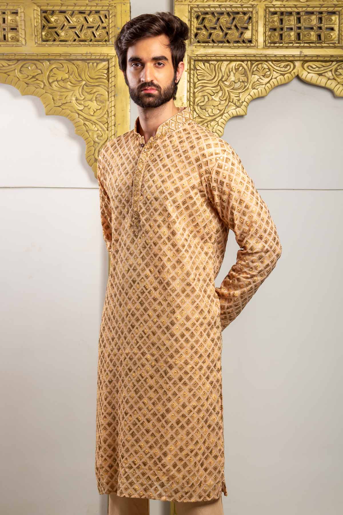 Golden Silk Embroidered Kurta