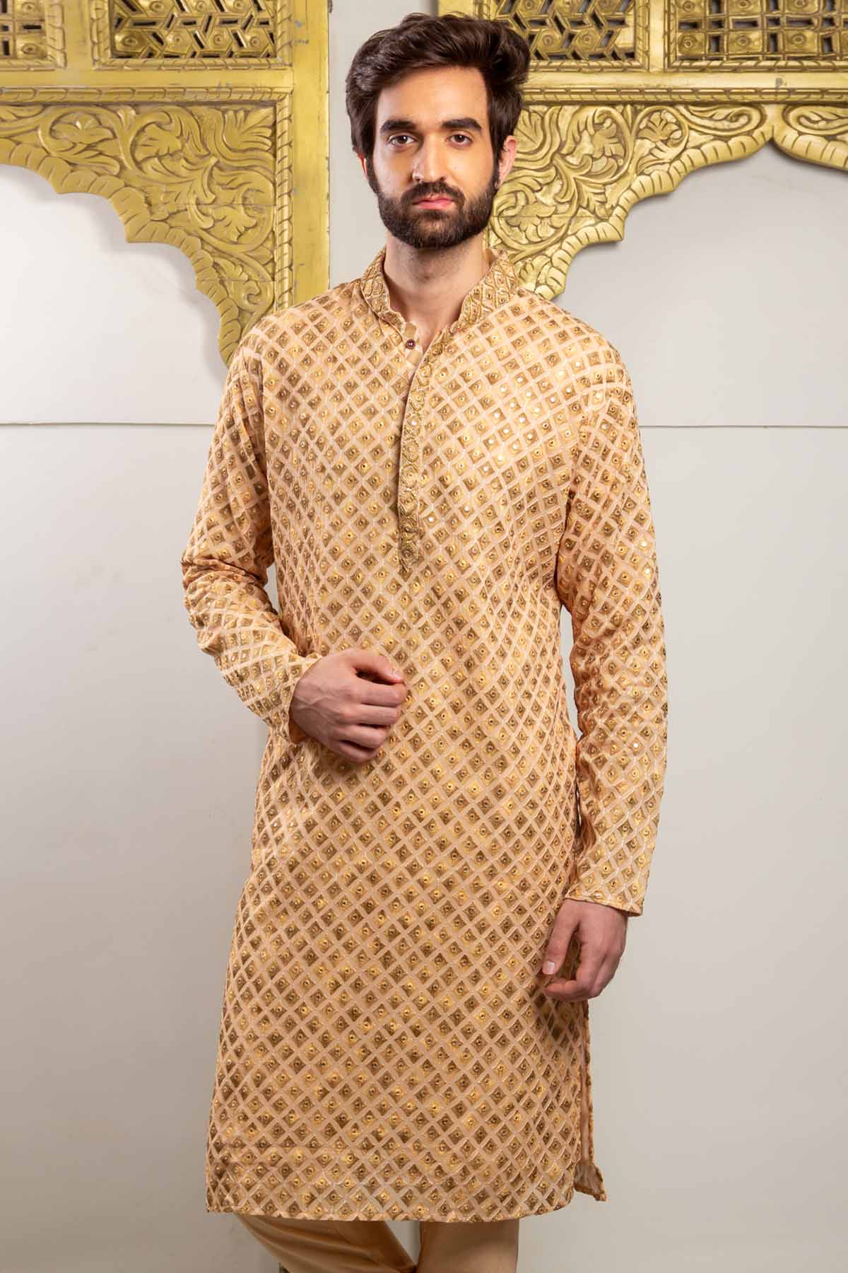 Golden Silk Embroidered Kurta
