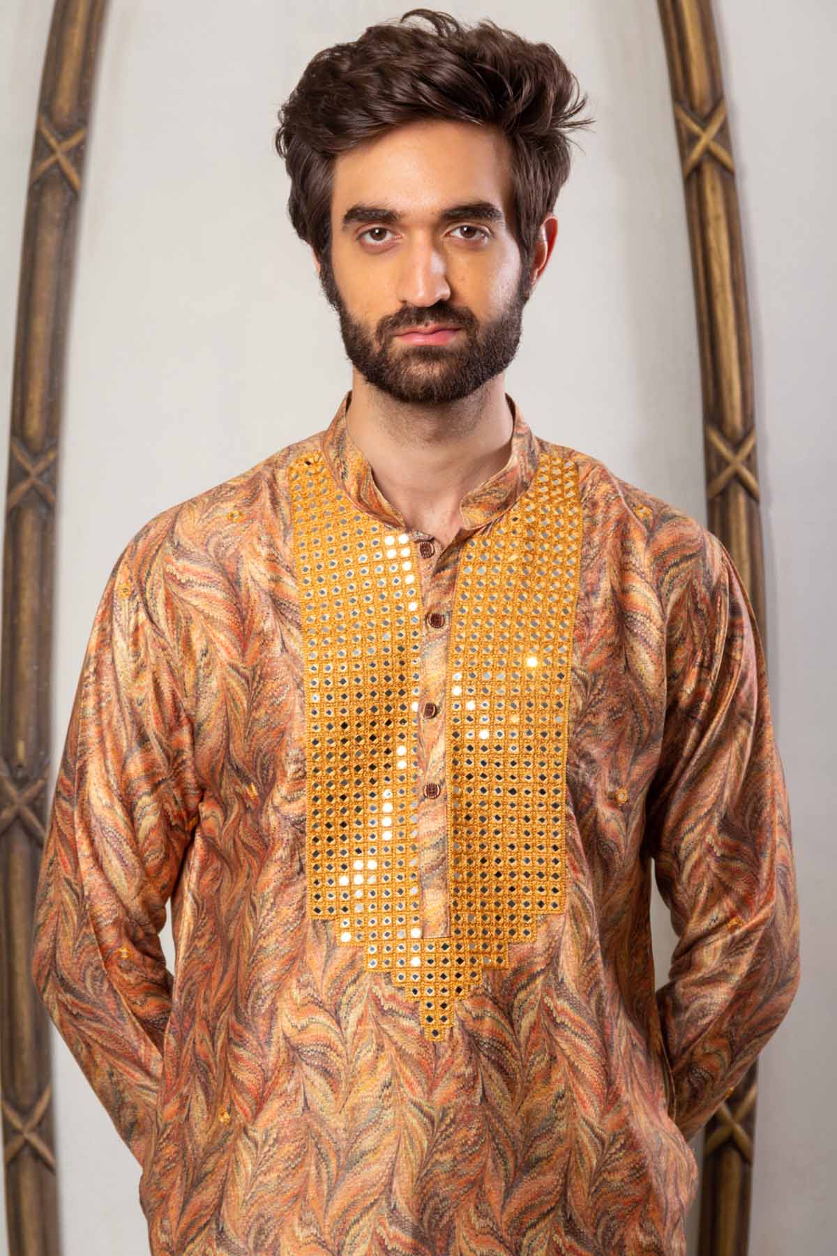 Golden Silk Printed Kurta