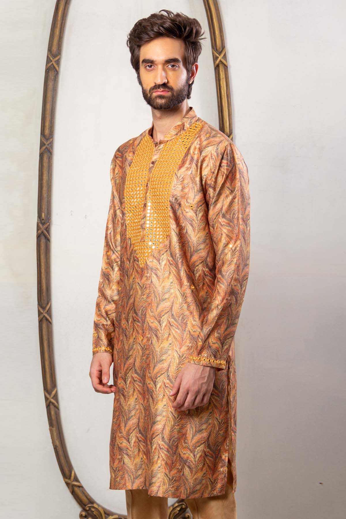Golden Silk Printed Kurta