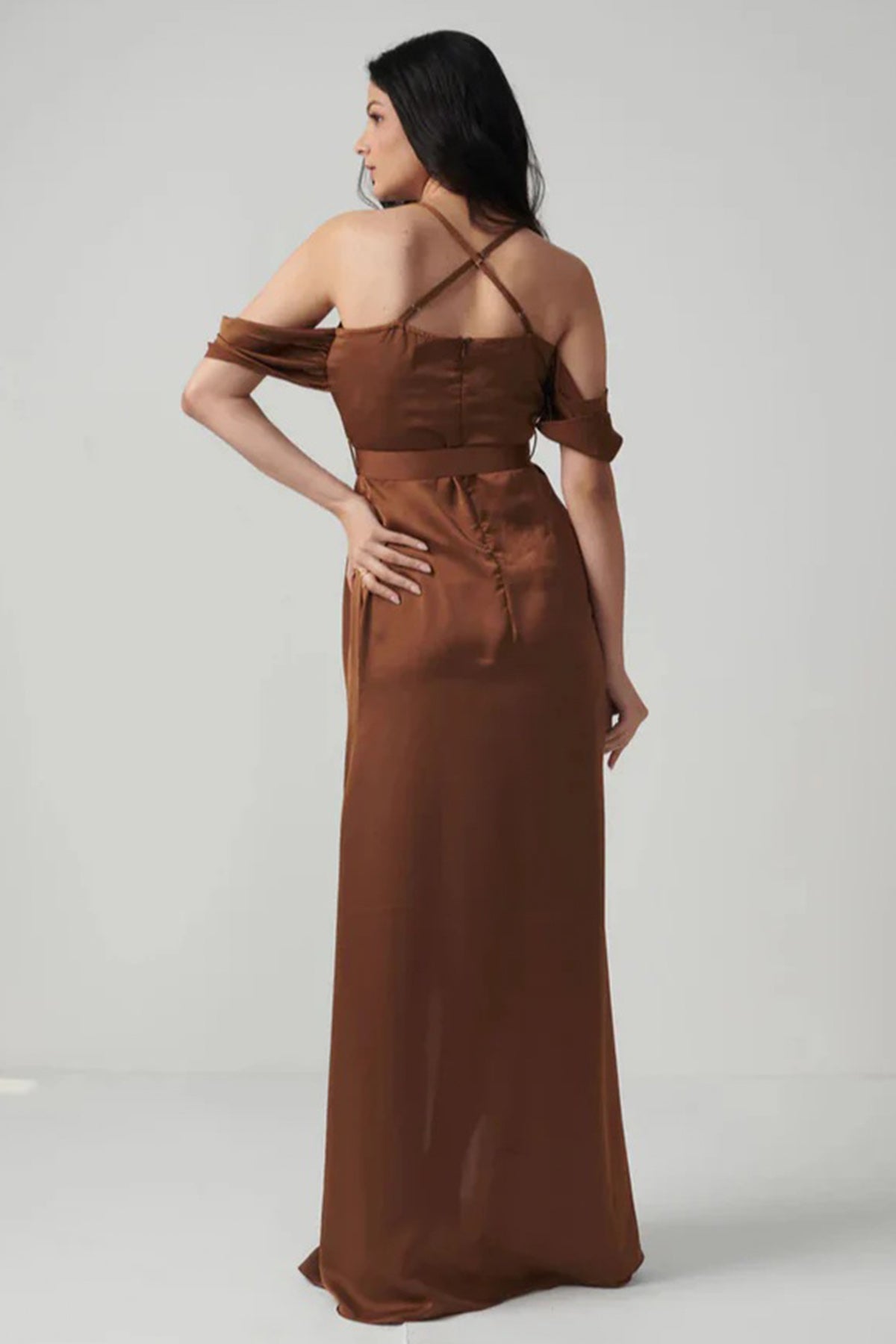 Golden Caramel Satin Slit Dress